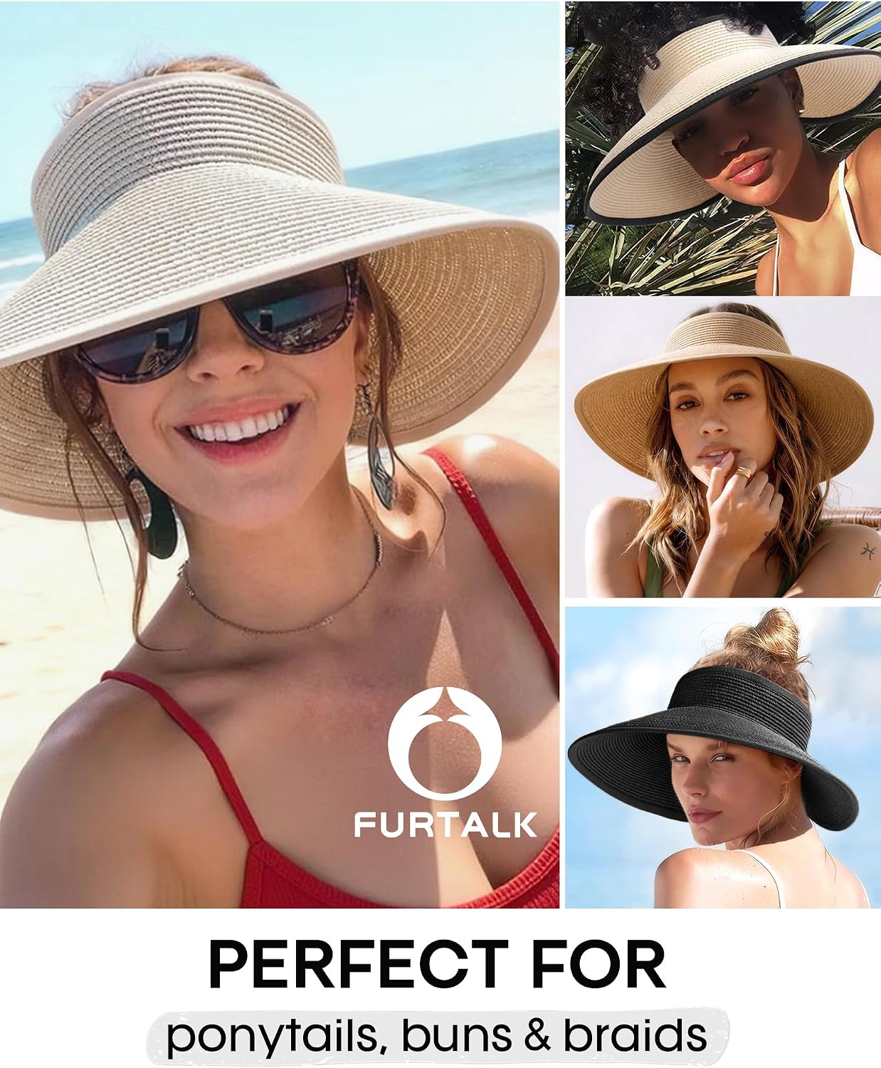 FURTALK Sun Hats for Women Wide Brim Ponytail Straw Visor Foldable Beach image 4
