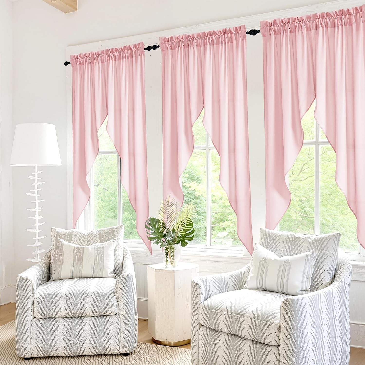 RYB HOME Swag Curtain Valance for Girls Baby Bedroom, Non See Through Privacy Light Filtering Topper Semi Sheer Curtain Tiers for Small Narrow Windows, Pink, 36" W x 63" L, 2 Panels Set