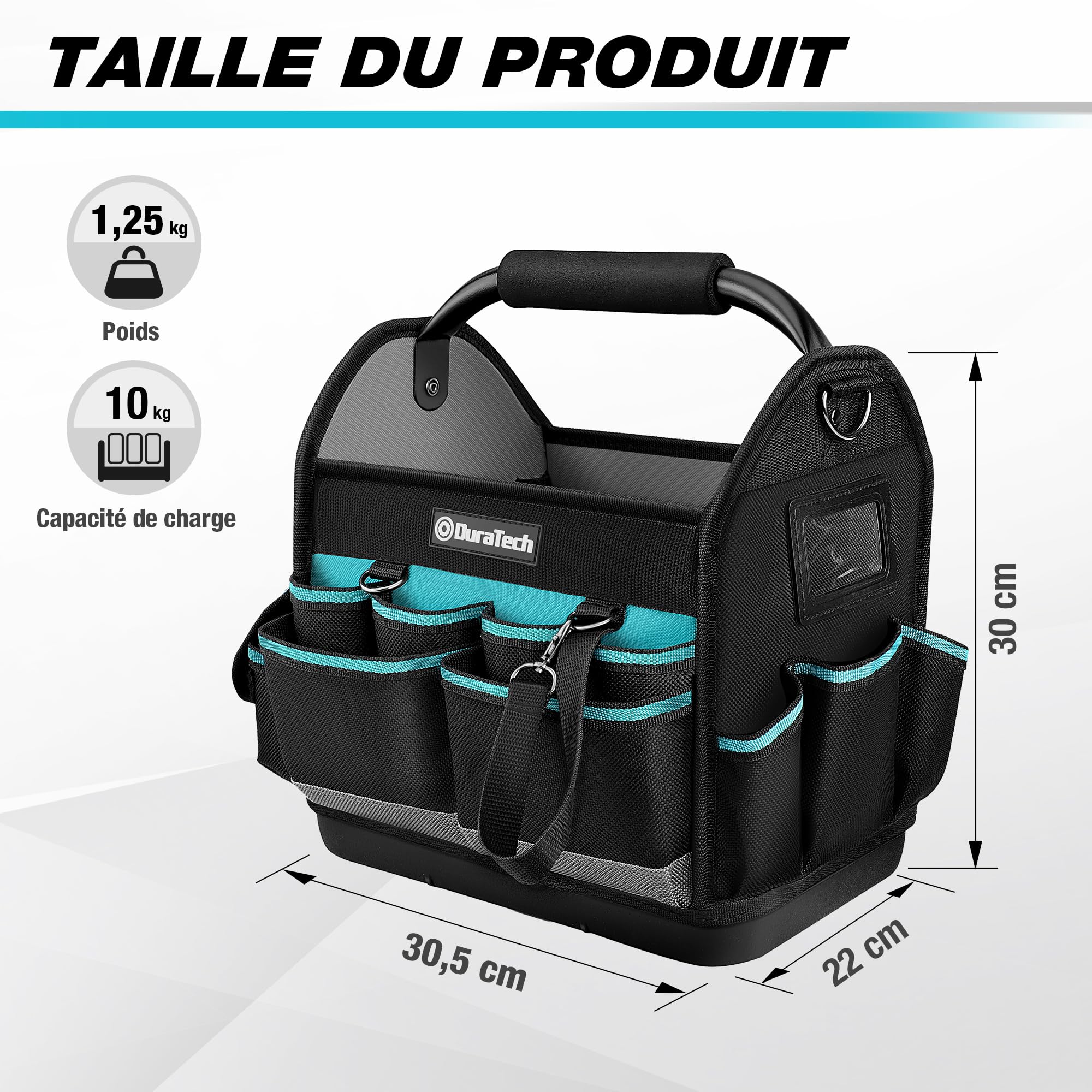 DURATECH Sac à Outils Ouvert 30,5x22x30 cm, Sac à Outils Professionnel 900D | Sac pour Électricien avec Poignée Tubulaire en Acier Rotative et Bandoulière Réglable, Multiples Poches