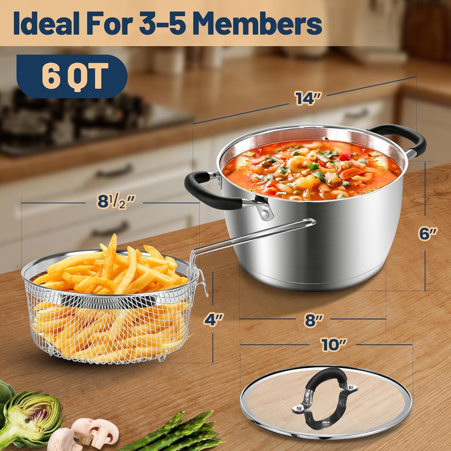 AOSION 6 Quart Stainless Steel Stock Pot with Lid, Deep Fryer Basket for Kitchen Colander Frying Cooking Steaming, 6QT Large Stock Pot for Cooking, Induction Ready, Compatible with All Stoves