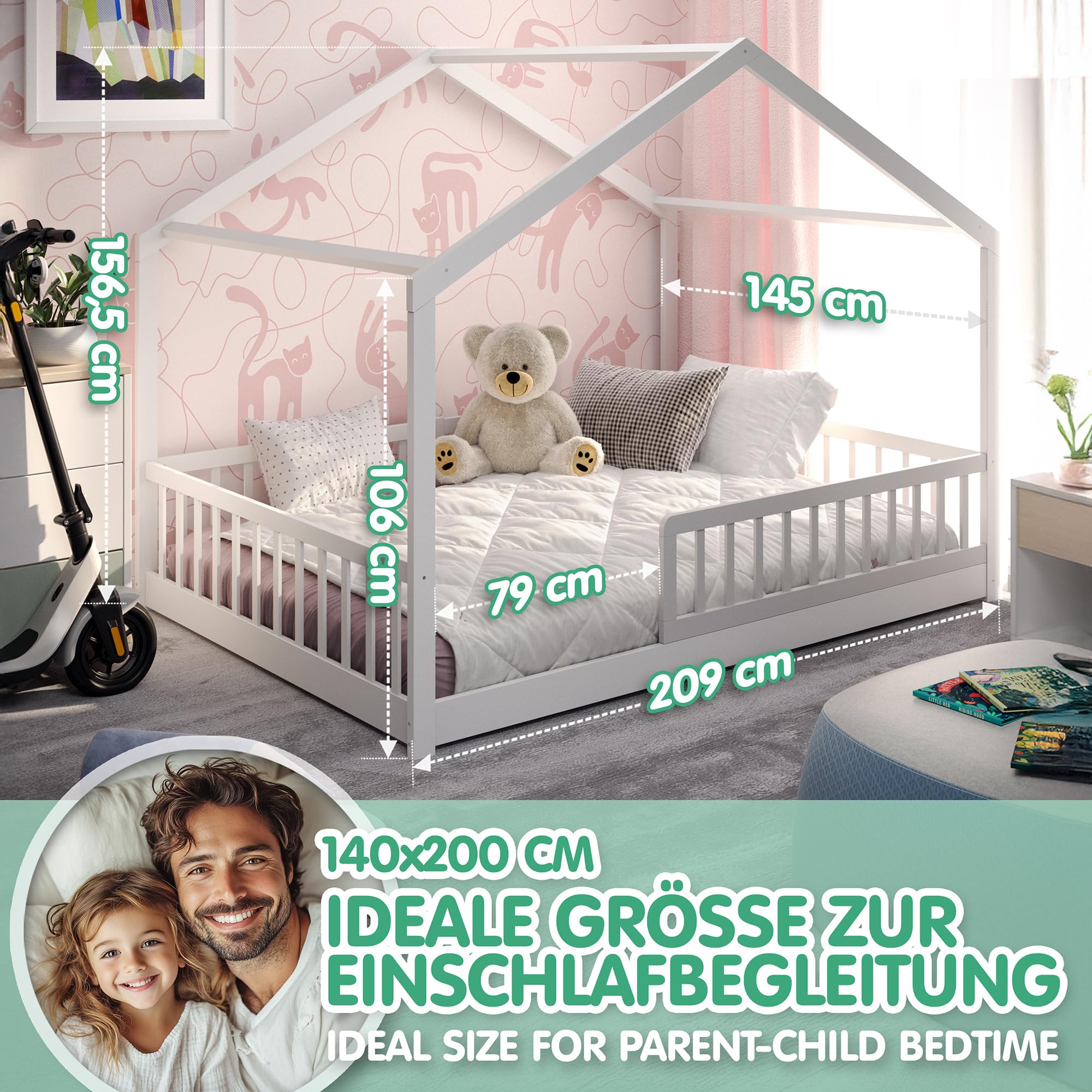 CADANI Malte lit Enfant 140x200 cm – lit cabane avec barrière Amovible, Jusqu’à 200 kg, sommier à Lattes Inclus, lit au Sol Montessori en pin Massif, Blanc