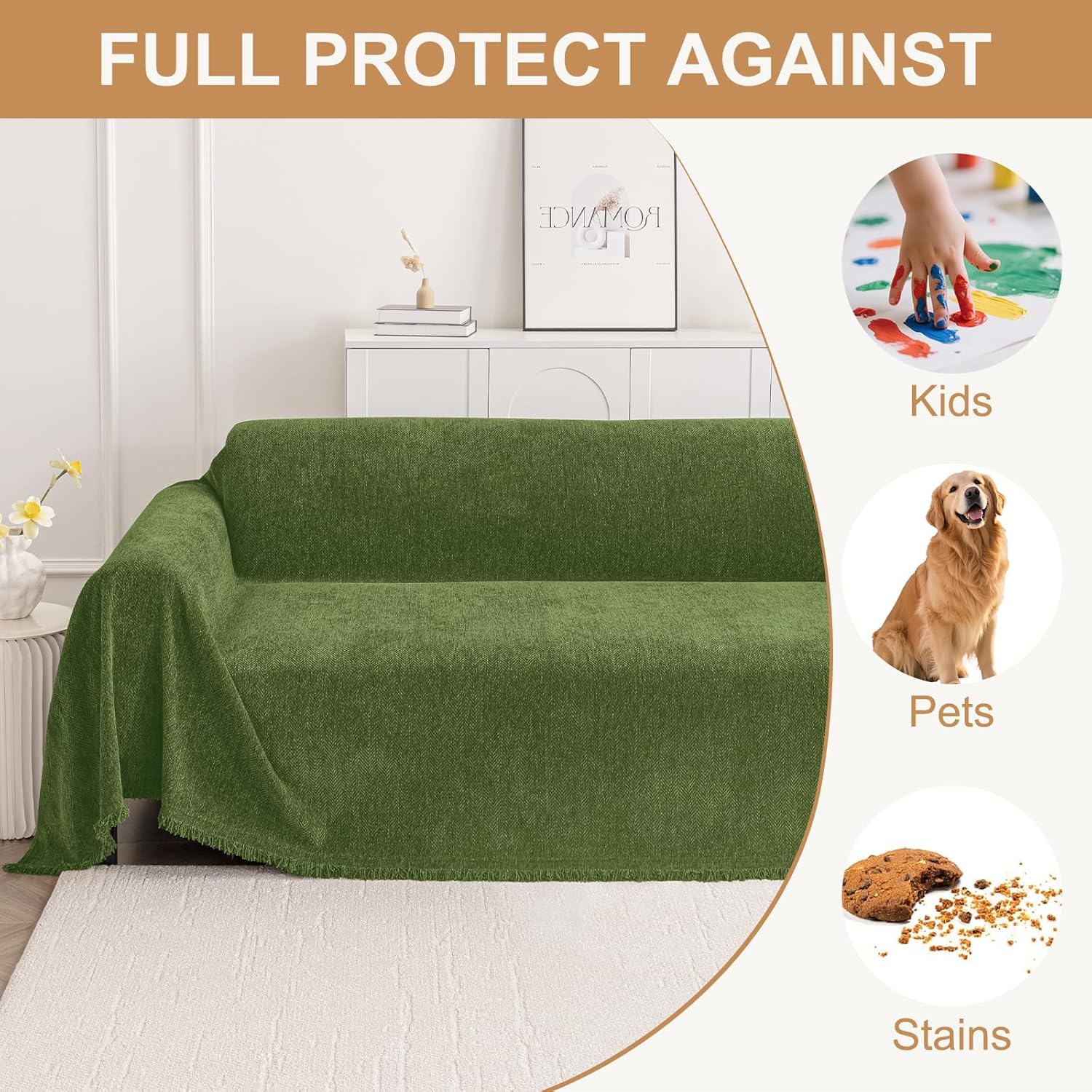Smiry Couch Cover for Dogs, Washable Chenille Sofa Covers for 3 Cushion Couch, Soft Sofa Slipcover for Pets, Thick Sectional Furniture Protector with Tassels (Green, 71x102 Inch)