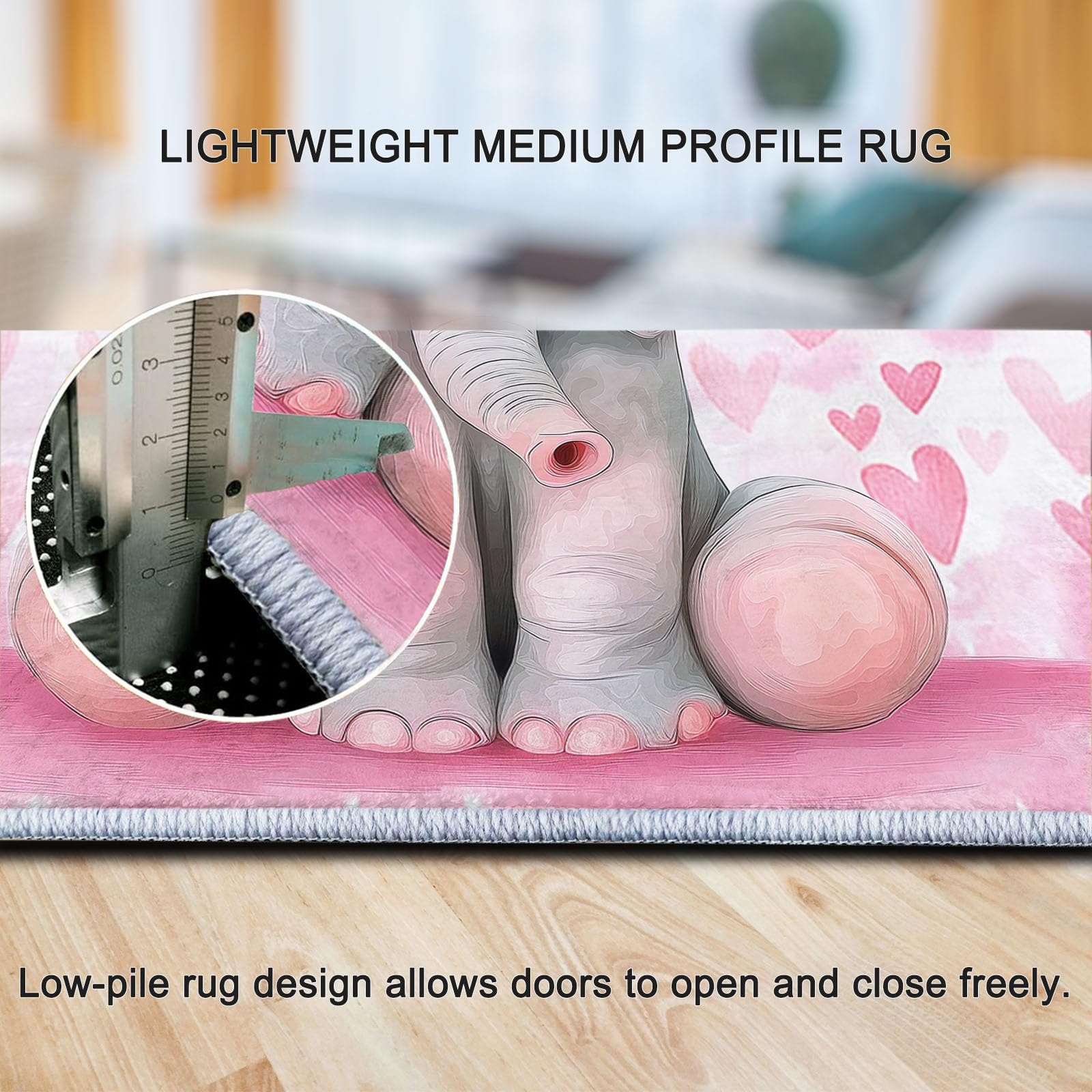 Generico Tappeto Nursery per Neonate, Morbido Pluche Antiscivolo per Bambine, XL, Elefante con Cuori Rosa Decorazione Gioco, 140 x 200 cm