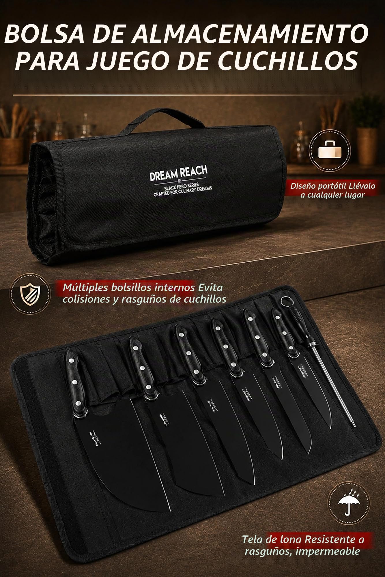 Dream Reach Cuchillos de Cocina, Juego de Cuchillos de Chef 6 Piezas Acero Inoxidable con un Afilador y Estuche para Carne, Verduras, Barbacoa y Exterior