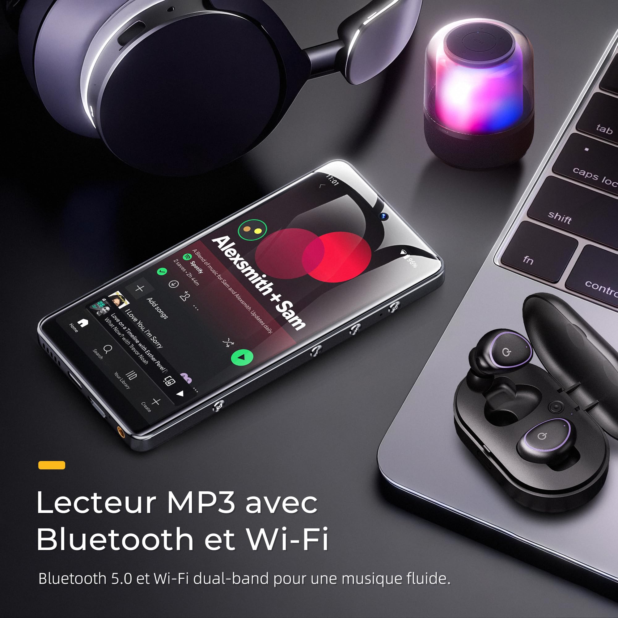 HIFI WALKER G7 Pro Reproductor MP3 Android 13 con WiFi y Bluetooth, Pantalla HD 5,2", MP4 con Spotify, 3GB RAM 32GB ROM, Cámara Dual, Altavoz, Almacenamiento Expandible(160GB)