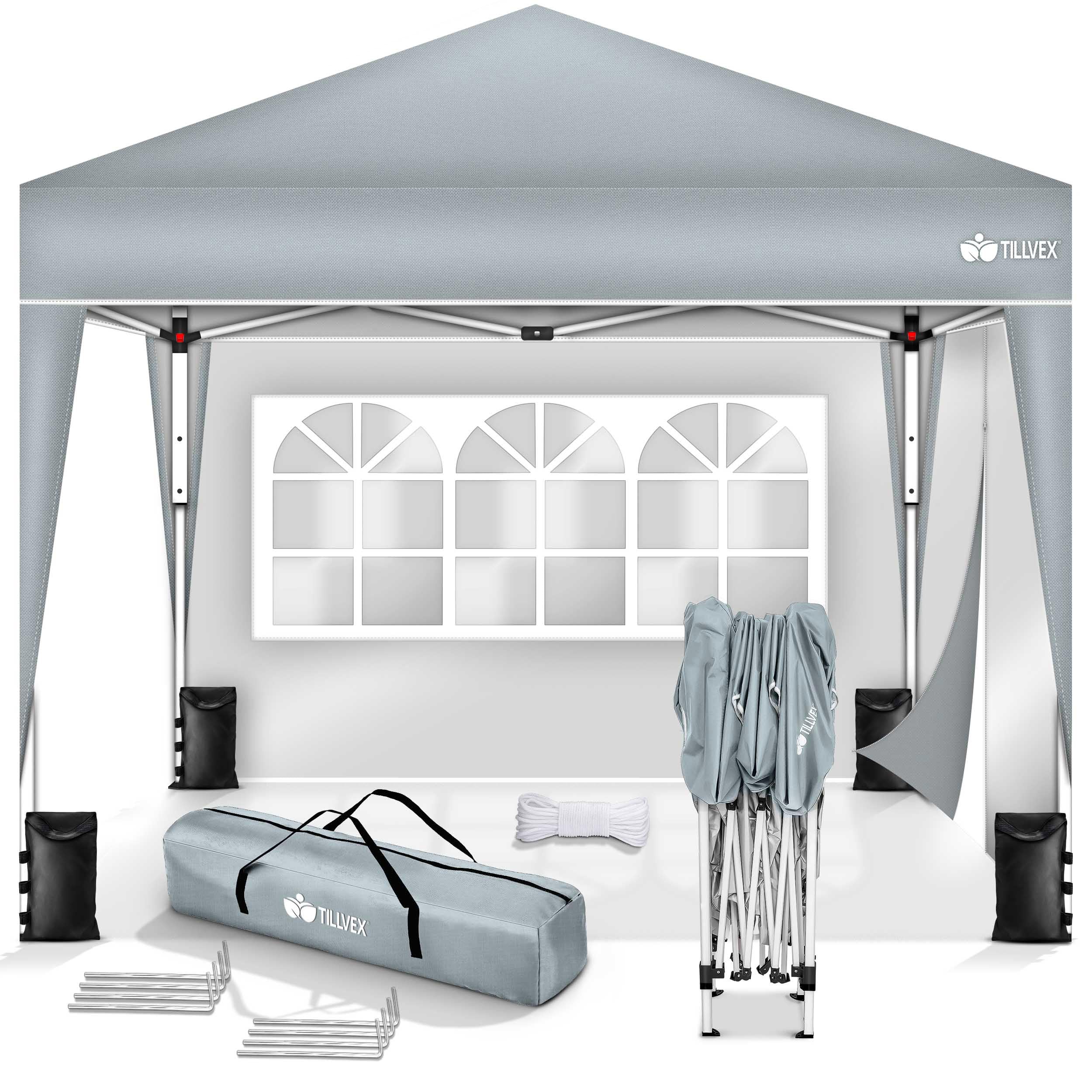 tillvex Gazebo Plegable Cenador 3x3m Impermeable | Pabellon de Jardin Pop-up Regulable en Altura | Carpa de jardín protección UV 50+ | Cenador de Fiesta con Bolsa (Gris - con 2 Paredes)