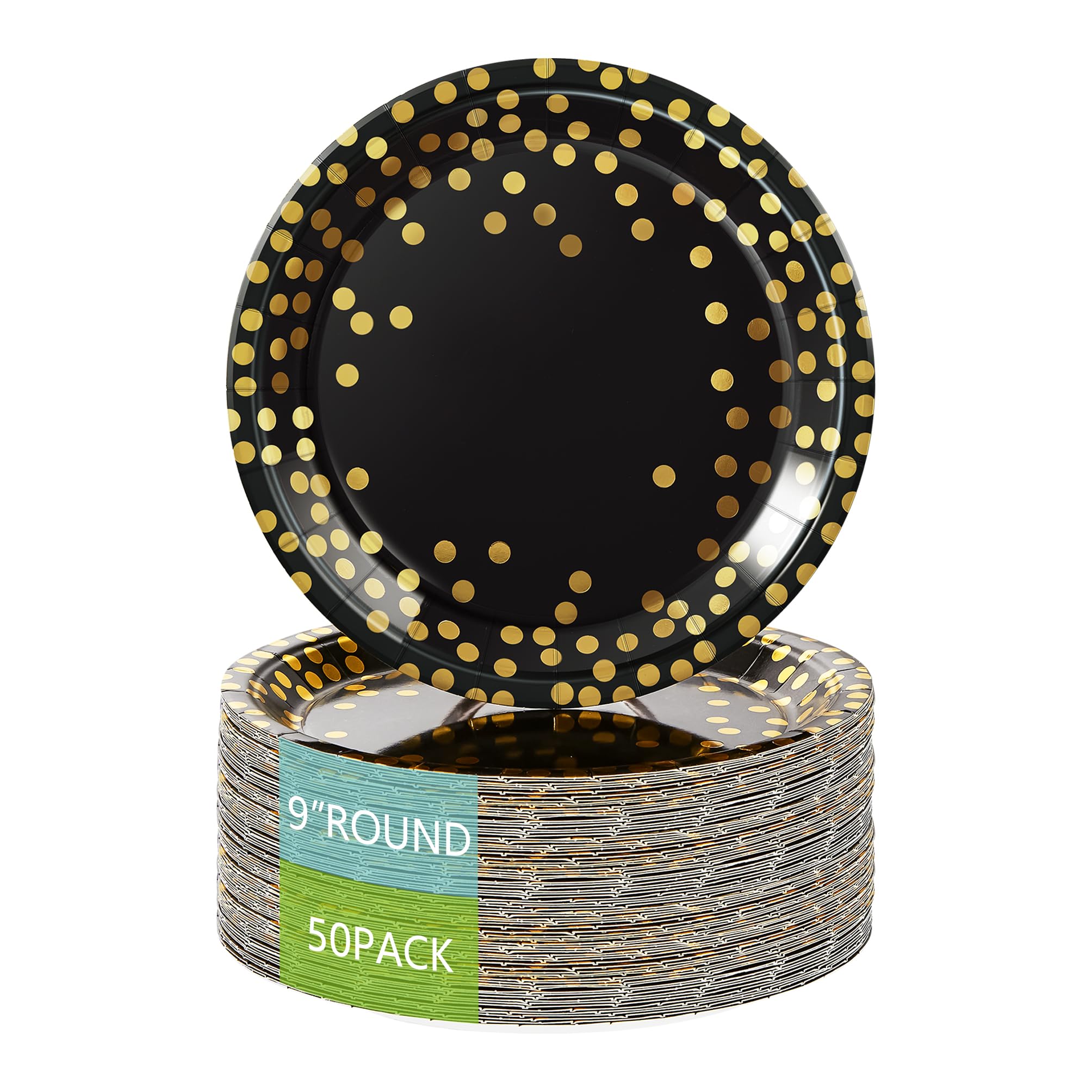 AntNest 9 Inch Disposable Paper Plates,Black and Gold Paper Plates,Foil