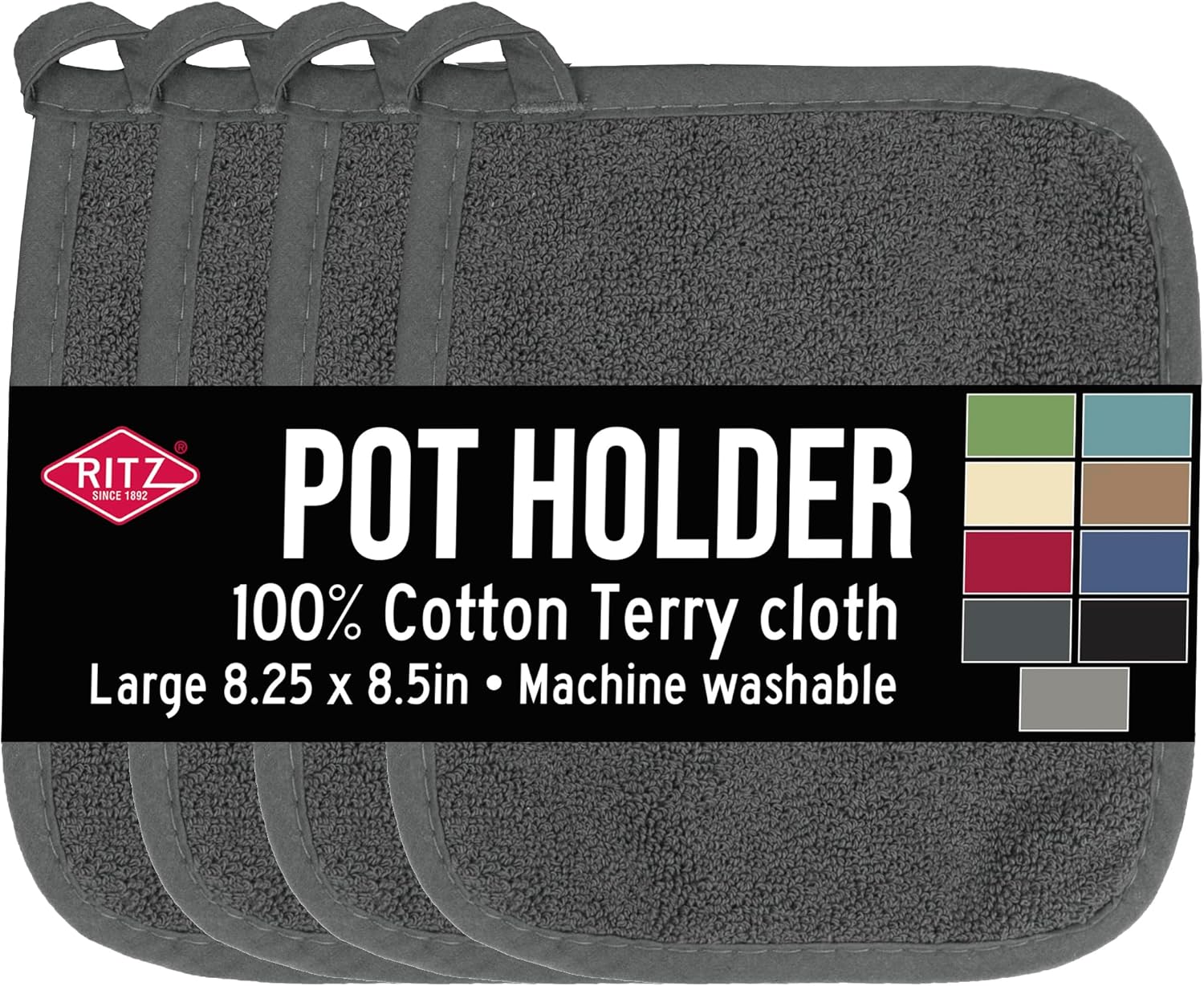 RITZ Terry Potholder & Hot Pad: Unparalleled Heat Resistant, Durable 100% Cotton – Ergonomically Designed for Optimal Grip – Easy-Care Machine Washable – 4-Pack, Graphite 4-Pack Graphite