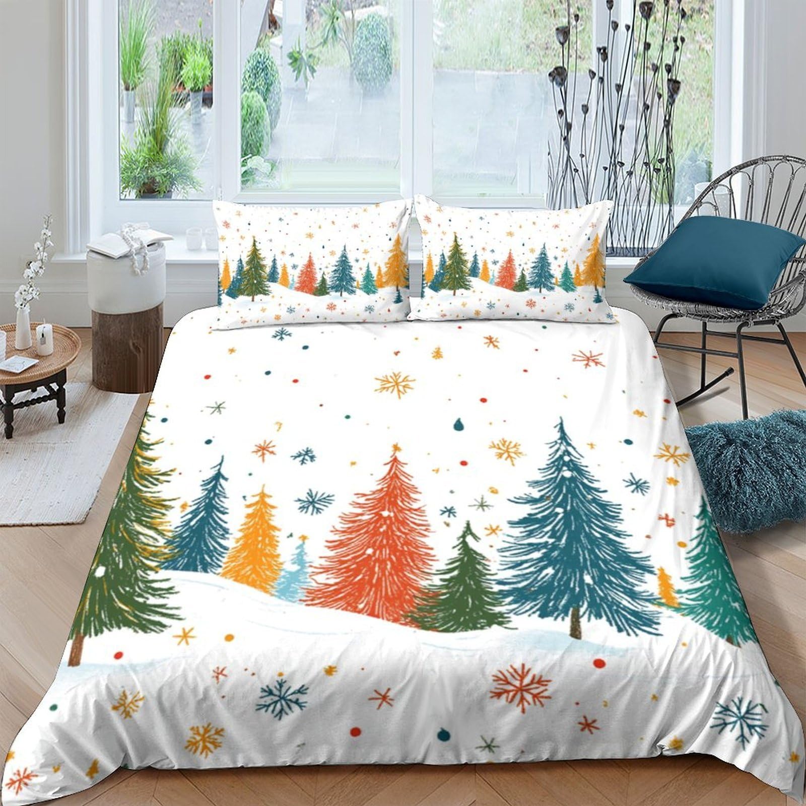 GPLZQXKJNH 3D Printed Christmas Tree Duvet Cover Set Microfiber Soft Breathable Snowflake Bedding Set with 2 Pillowcases for Bedroom Decor Single（135x200cm）