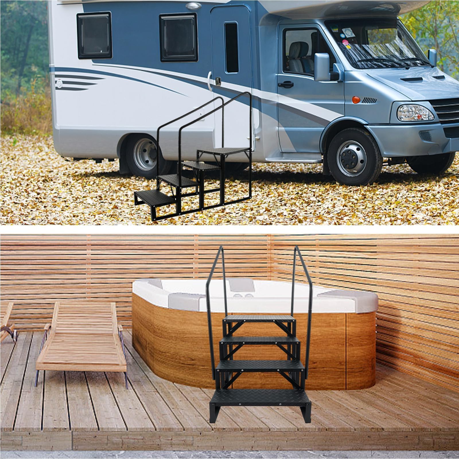 Garvee Escalier externeérieur antidérapant pour Camping-Car – Capacité 300 kg, Portable, idéal Caravane/Spa/Piscine – Marchepied Robuste avec Rampe – Simple Main Courante | 5 marches