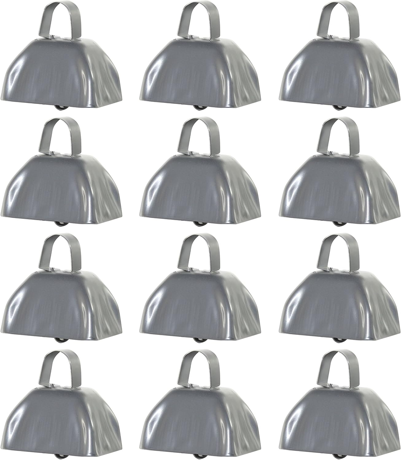 Silver Metal Cowbell Noisemakers Set - School Cowbells 12 Pack - Play Kreative