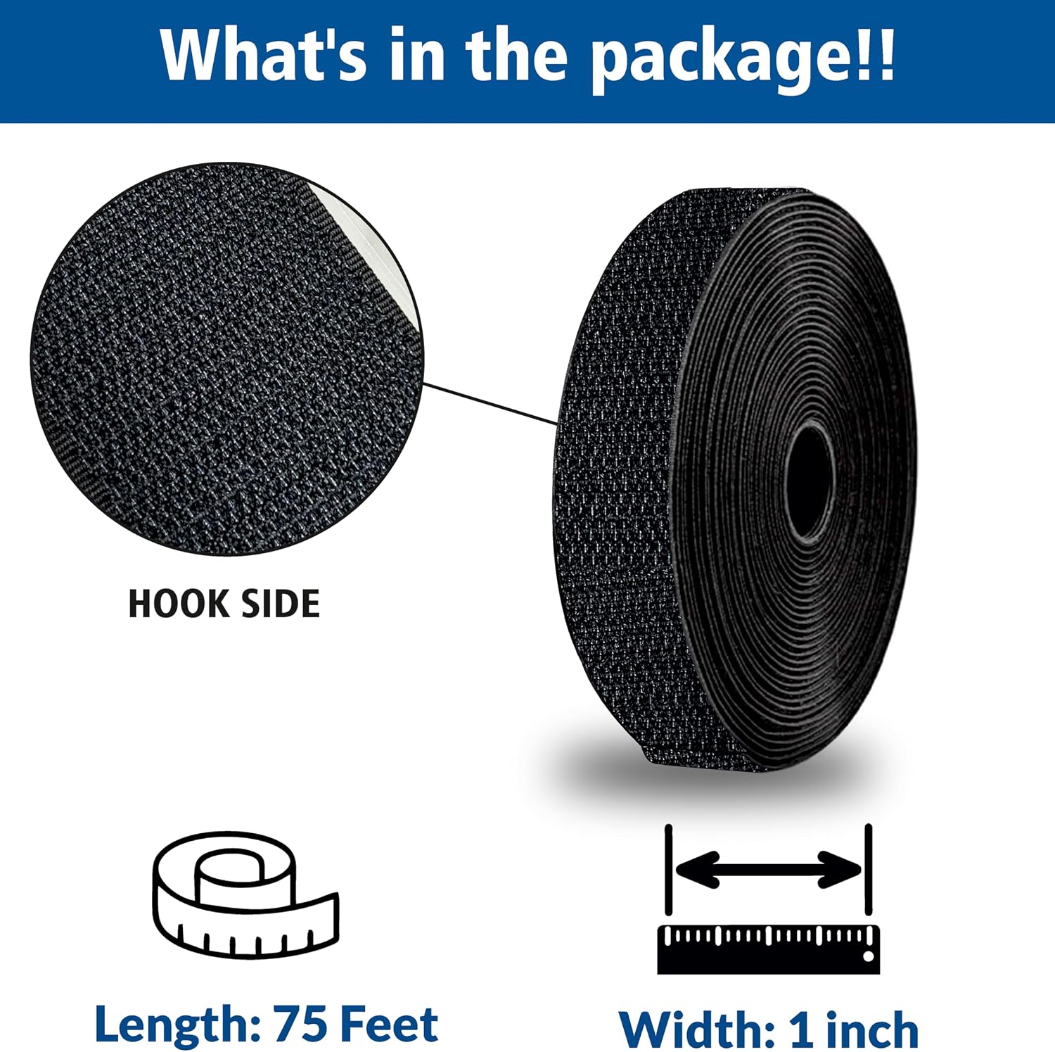 Hook Adhesive-Backed Hook-Side Only: 1" x 75 ft., Black, Made in USA