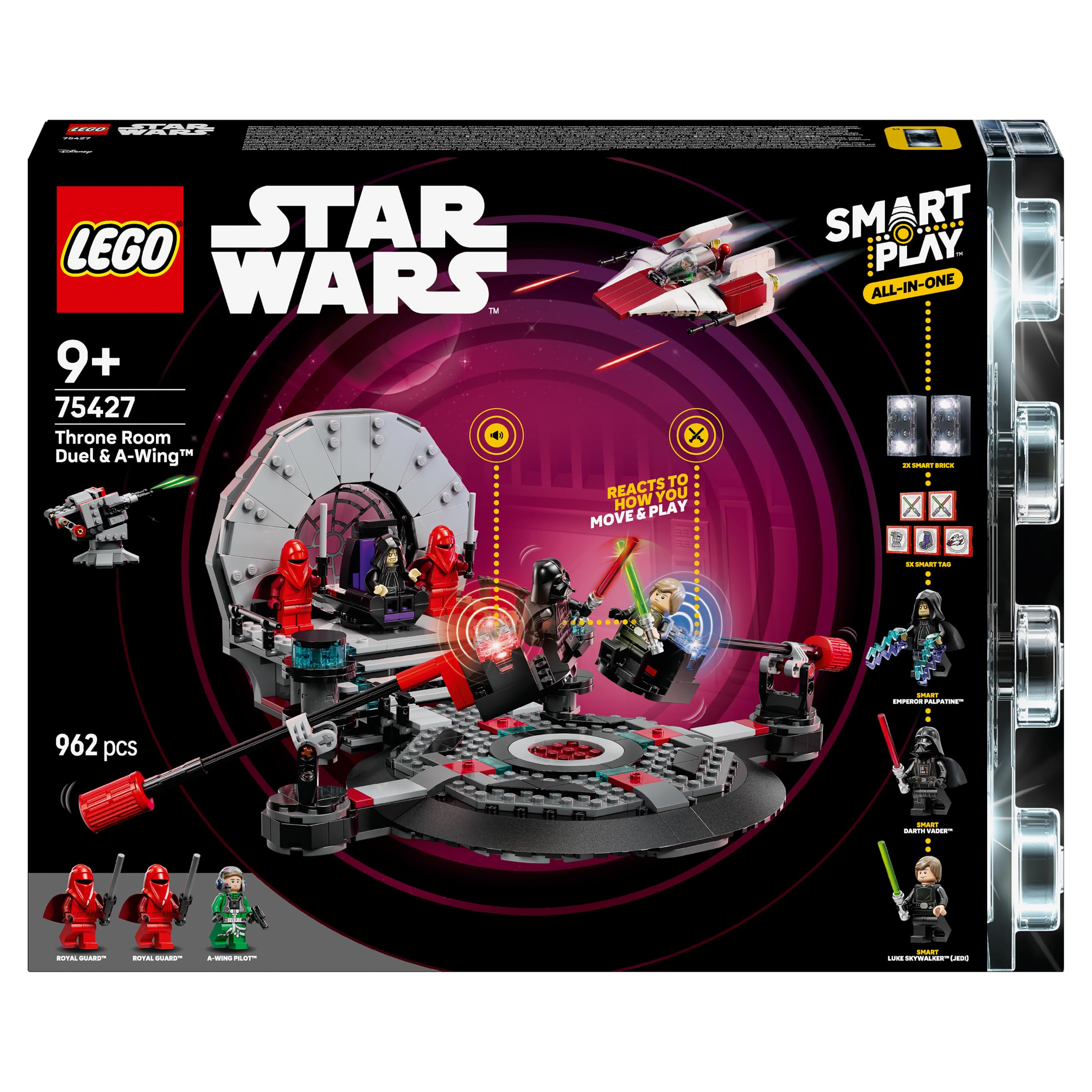 LEGO Star Wars SMART Play: Throne Room Duel & A-Wing 75427 | 2 SMART Bricks & Charger Included, All-in-One Set, 5 Tags, 3 Minifigures, Gift Idea for 9+ Year Old Boys & Girls, 962 Pieces
