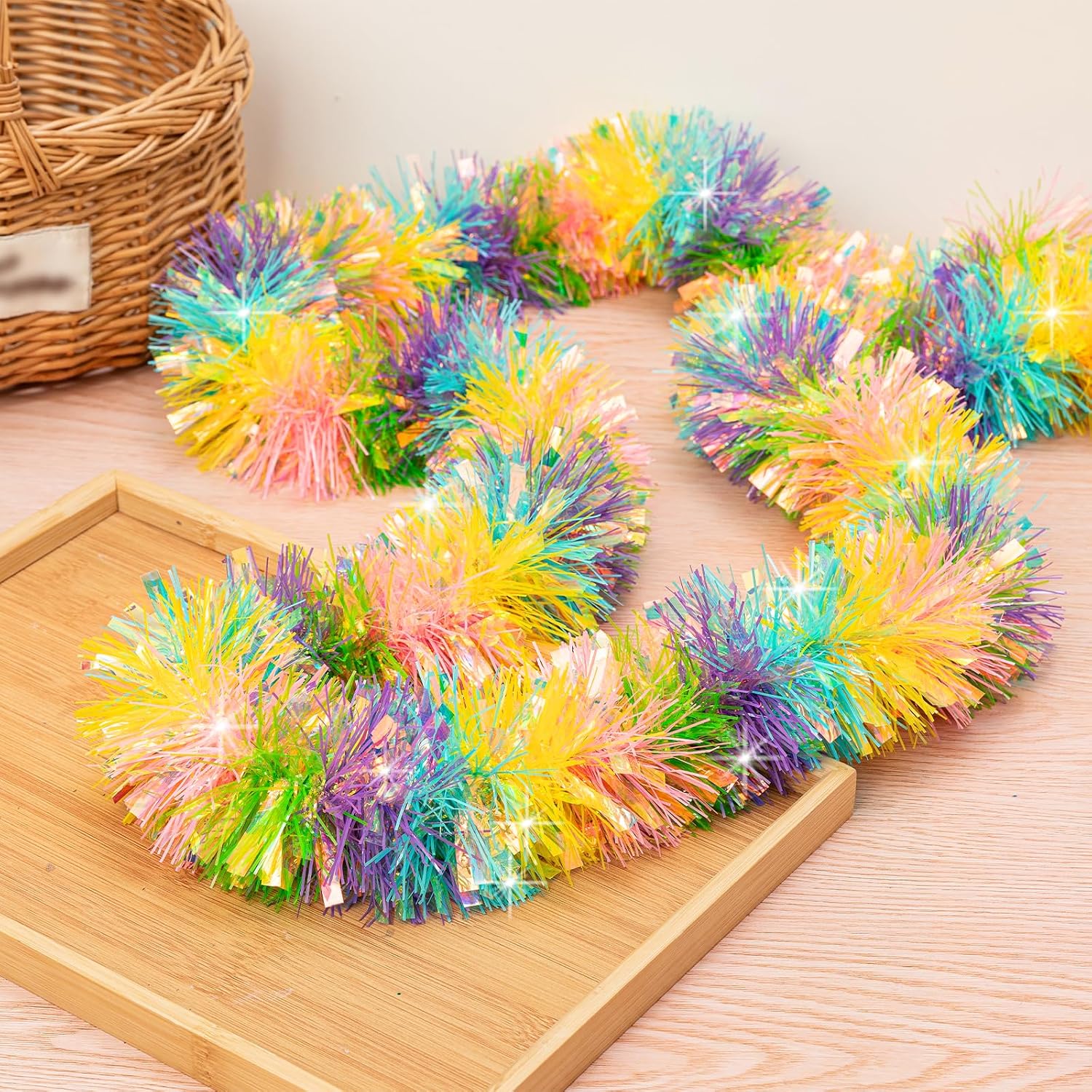 33FT Easter Tinsel Garland Colorful Metallic Twist Foil Tinsel Garland Glitter Spring Hanging Garland for Easter Party Door Tree Indoor Outdoor Decoration