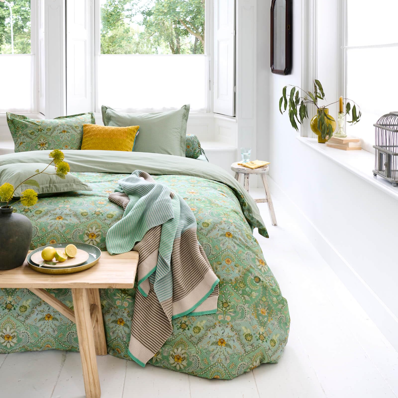 Pip Studio Bettwäsche Saluti Piccoli Green Perkal Blüten Ornamente Blumen Wendeoptik Geblümt Gestreift Floral