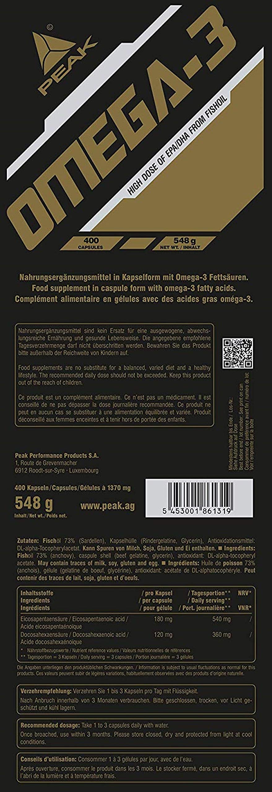 PEAK Omega-3-400 Kapseln I Fischöl I Fisch Öl I Softgelkapseln I hochkonzentriertes EPA und DHA I Triglycerid - Form I TG - Form I hohe Bioverfügbarkeit