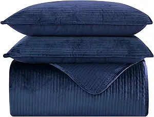 Elegant Comfort Luxury 3-Piece Velvet Corduroy Stripe Quilt Set, Ultra Soft Bedspread - Cozy Velvet Coverlet Set - 3PC Medium Weight Quilted Set with Matching Pillow Shams, Queen, Navy Blue