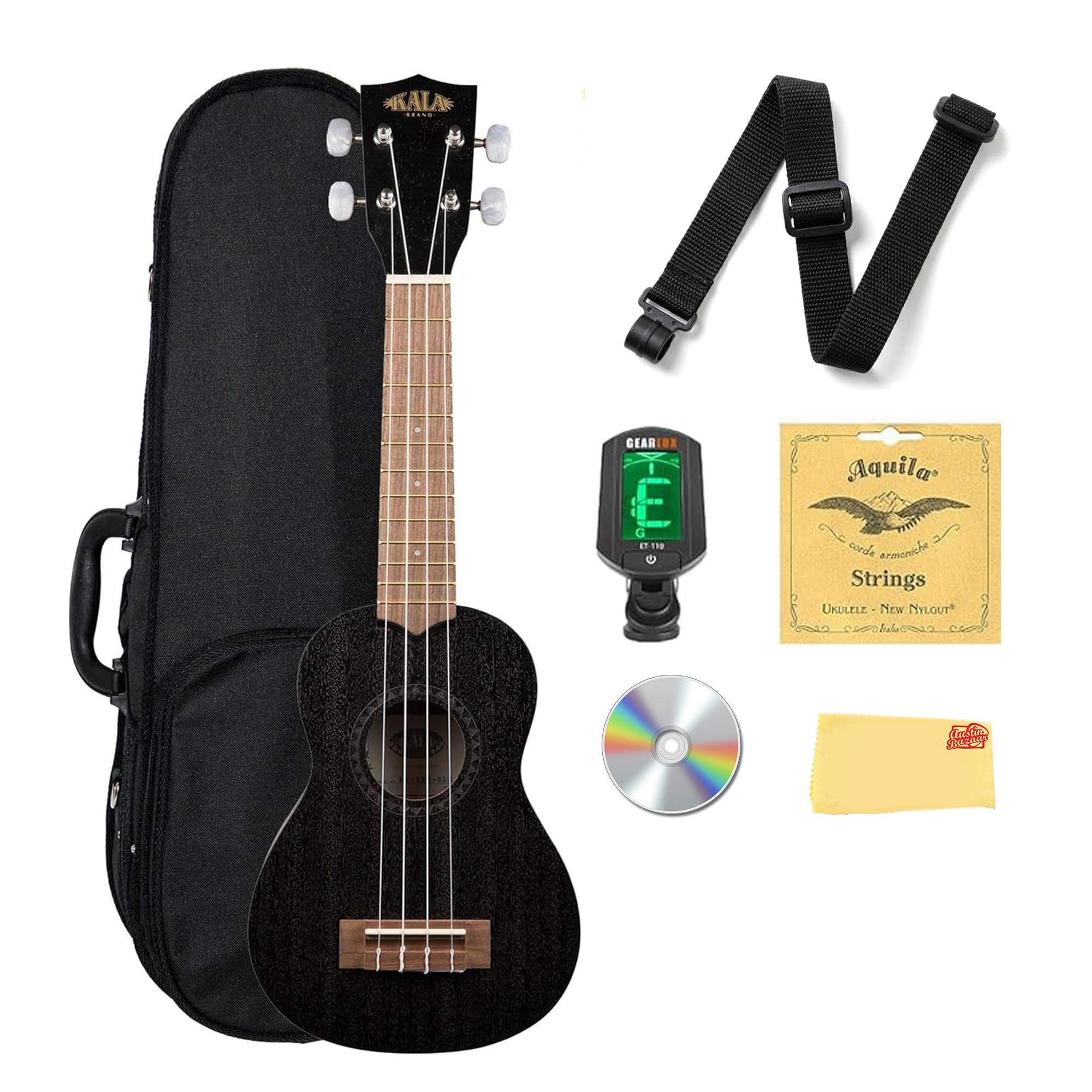 Kala KA-15S-BLK Satin Mahogany Soprano Ukulele - Black Bundle with Hard Case, Tuner, Austin Bazaar Instructional DVD, and Polishing Cloth