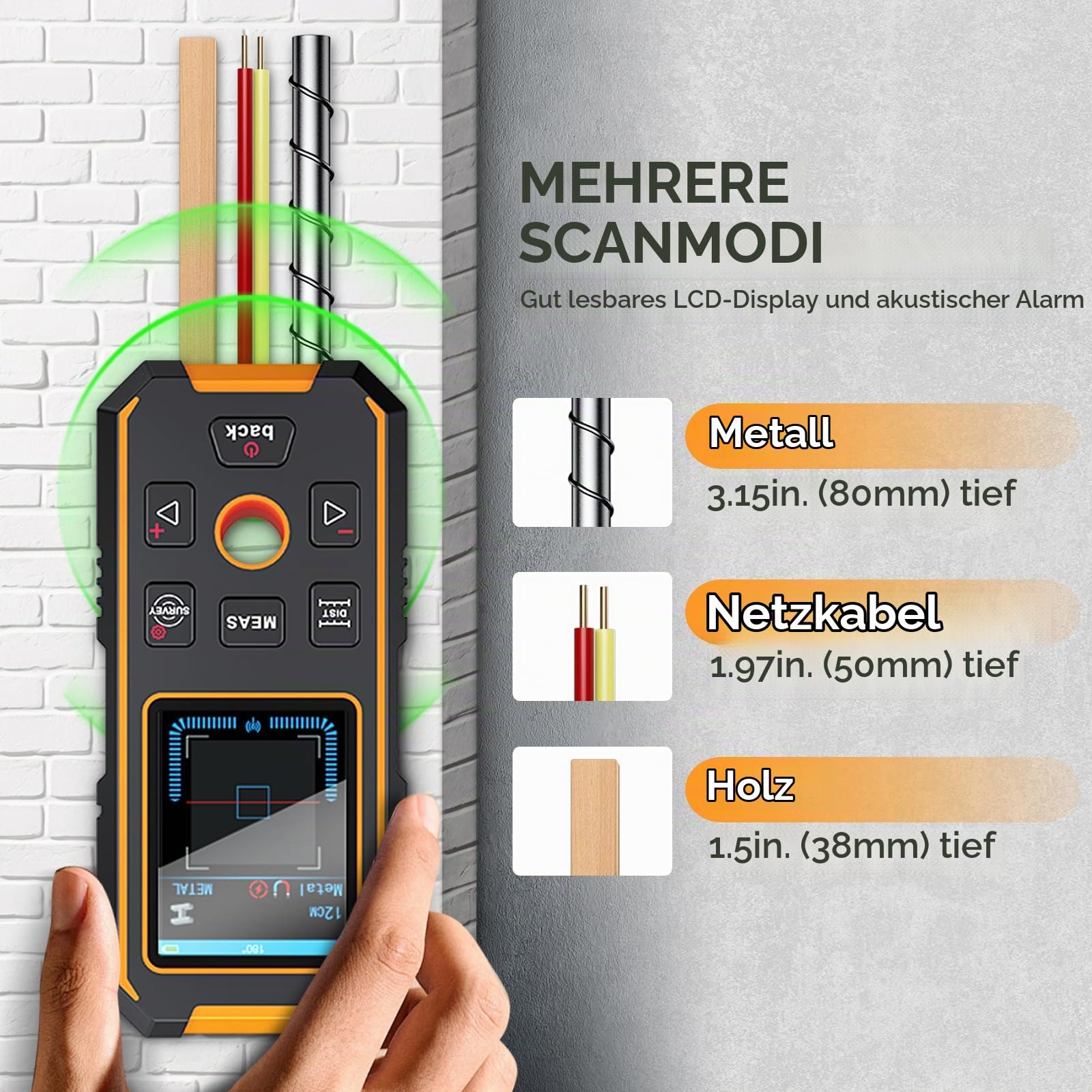 Wandbolzenfinder mit Laser Entferungsmesser, Multifunktionales Bolzenortungsgerät mit verbesserten Intelligenten Sensoren, LCD-Display und Sprachausgabe, Digitaler r Lasermessgerät 40M/130ft