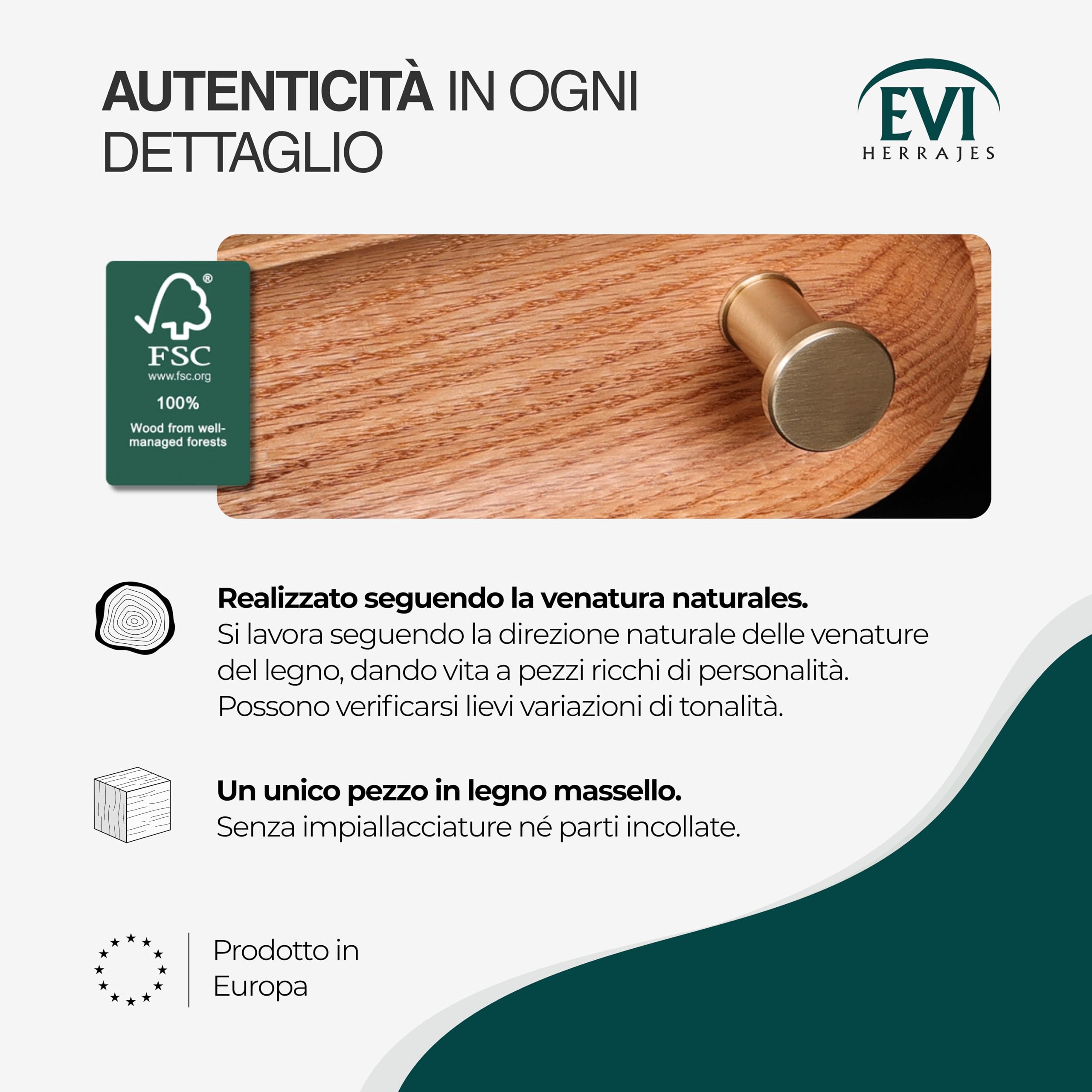 EVI Herrajes | Appendiabiti da parete a 2 ganci | Legno massello di rovere rosso | Ganci in ottone satinato | Kit di montaggio incluso | Mod. Cova 2CRRLMT