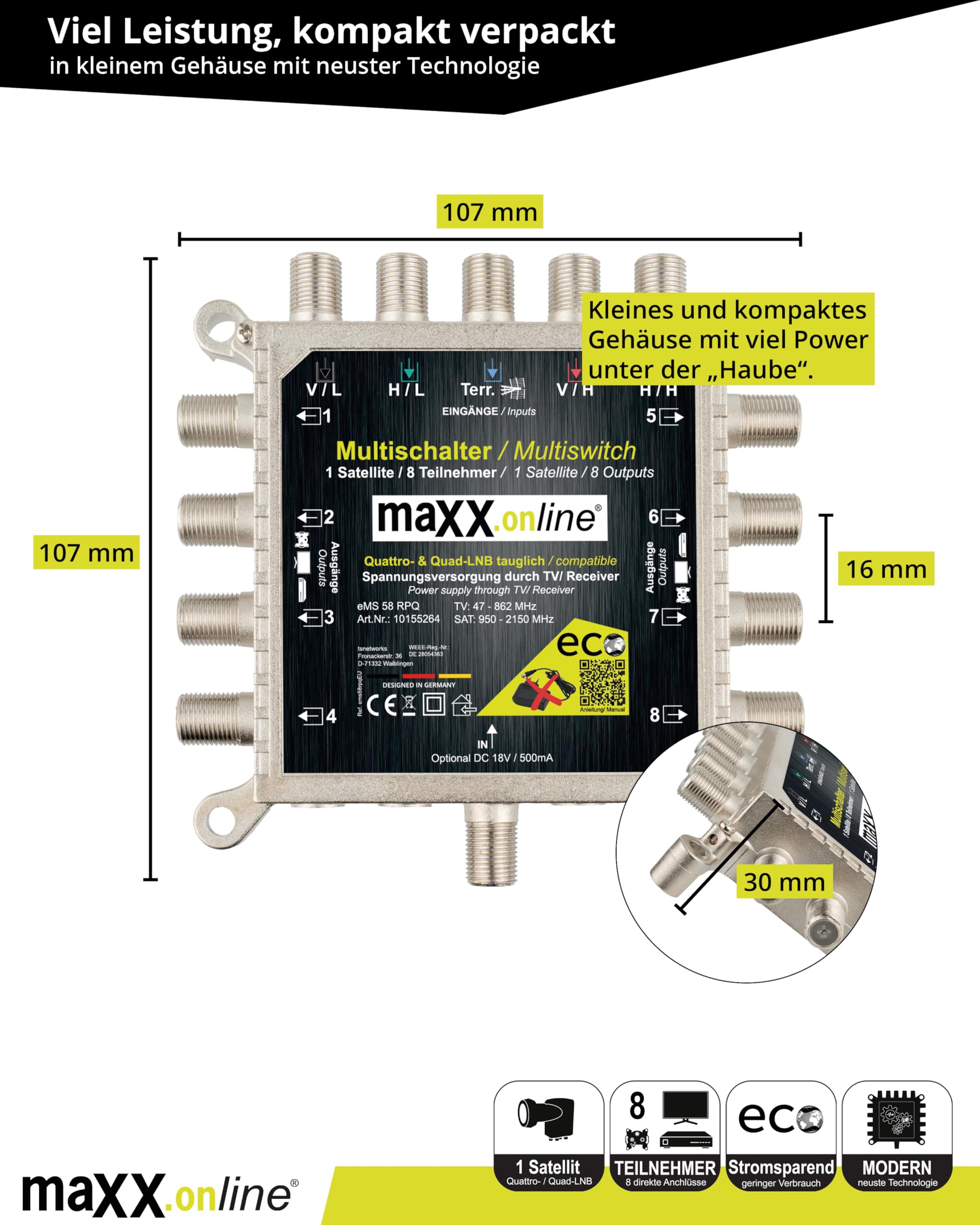 Multiconmutador 8 participantes, 1 satélite, apto para Quad y Quattro LNB, no necesita fuente de alimentación, multiconmutador satélite, multiconmutador múltiple