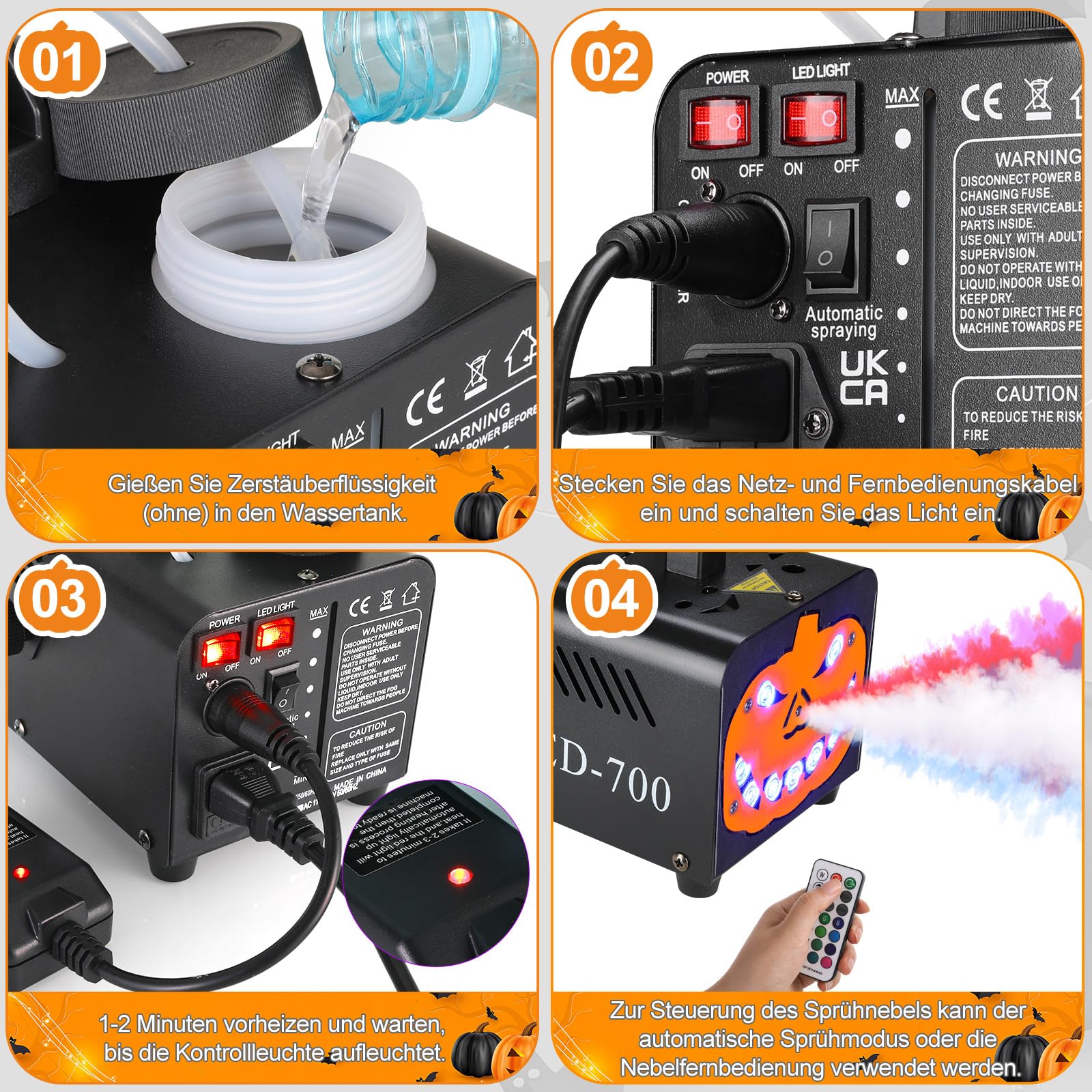 MAMIZO Machine à Fumée Halloween à Citrouille, avec 9 LED RGB et 13 Couleurs, 5000 CFM Fumée Halloween, Machine à Brouillard avec Fonction Auto-Spray, Portable, pour Halloween, Noël et Fêtes