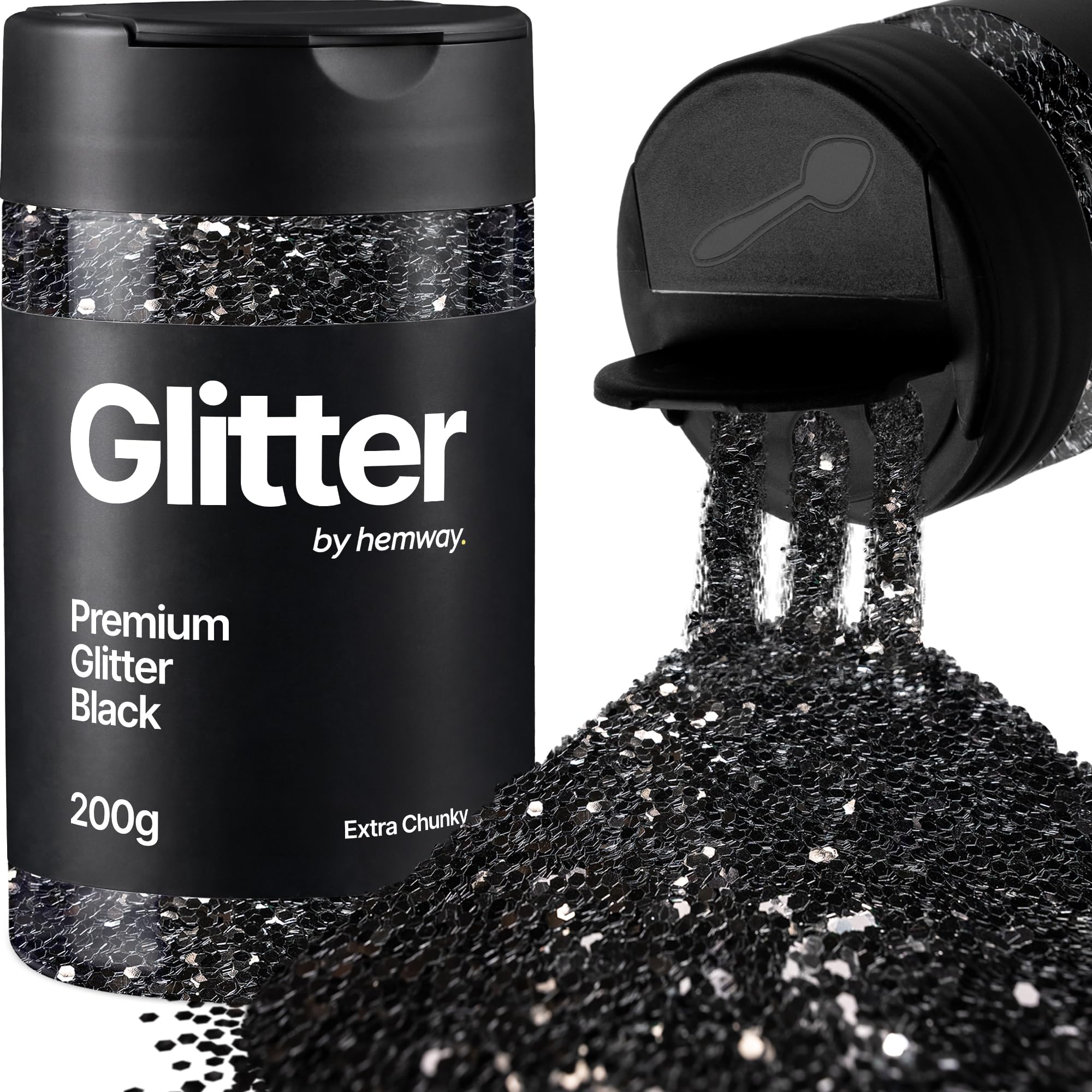 Hemway Black Glitter Shaker, 200g Extra Chunky Glitter for Crafts Metallic Flake Sequins for Resin & Epoxy Crafts for Decorating, Halloween, Christmas, Nail, Face, Art