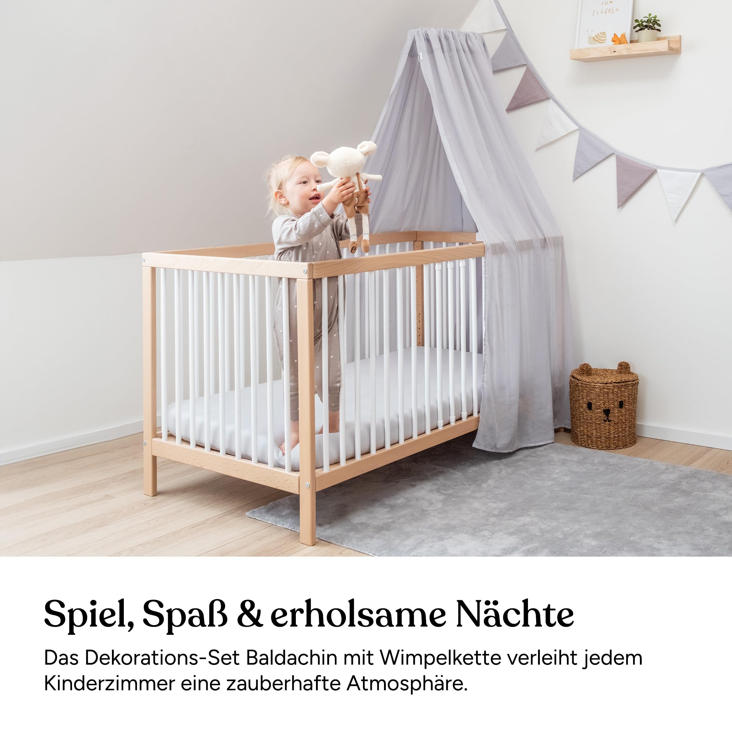 Ehrenkind® Kinderzimmer-Deko-Set: Baldachin & Wimpelkette für magische Momente | Oeko-TEX Zertifiziert | Kinderzimmer Deko | Baldachin Kinderzimmer | Betthimmel, Beige