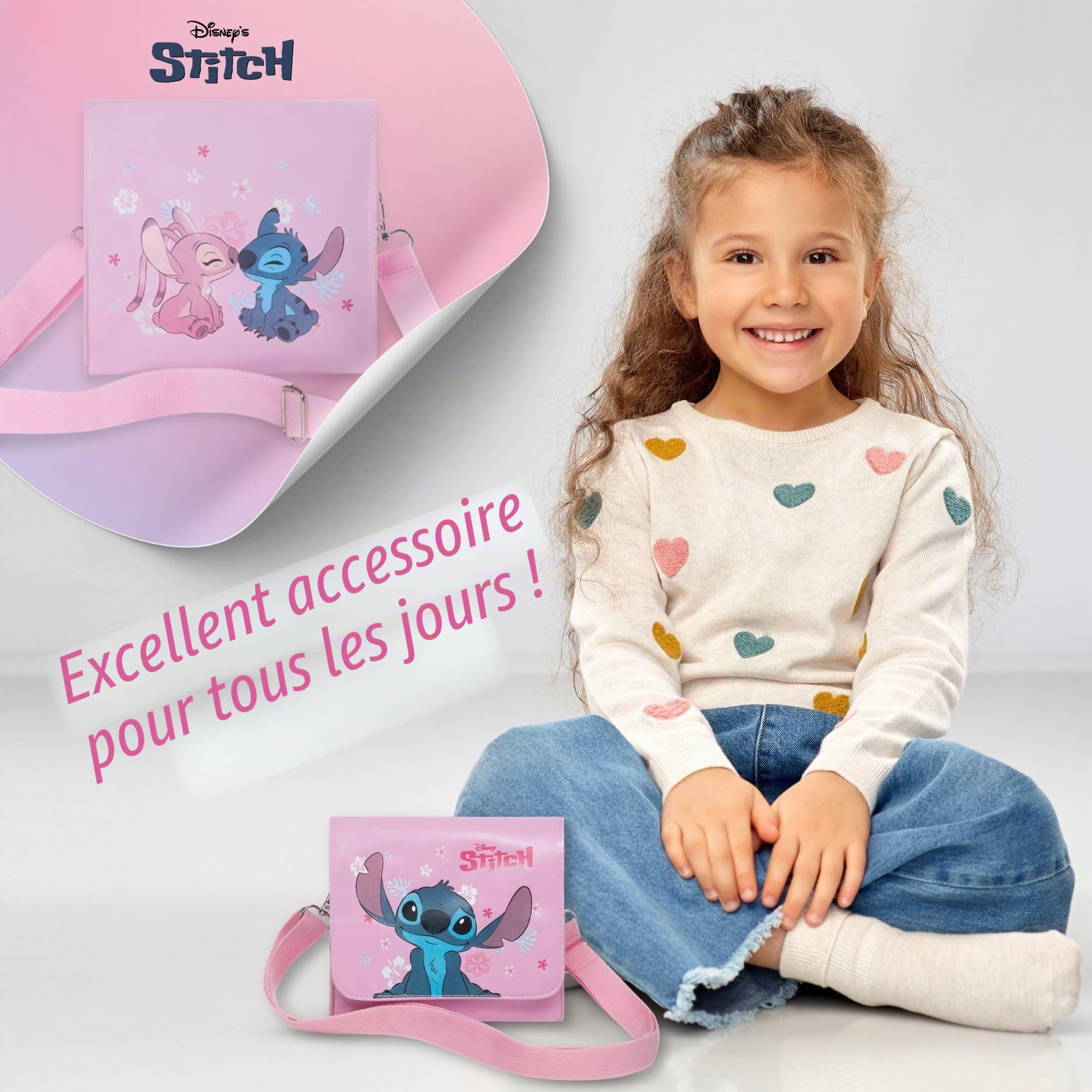 Disney Stitch & Angel Sac à main à bandoulière rose pour filles – Film officiel Lilo & Stitch | Joli sac à bandoulière pour enfants et adolescents | Cadeaux pour filles | Longue bandoulière réglable