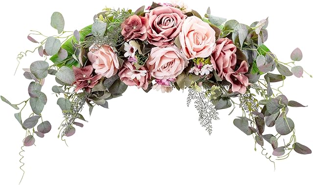 WANNA-CUL 24 Inch Rustic Rose Flower Swag for Wedding Arch Decor,Spring Wine Red Floral Swag with Eucalyptus Leaves for Lintel Arch Door Wreath for Wall Decoration