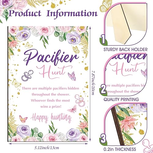 Miniatura 3 de 51 juegos geniales para baby shower, incluyen letrero de caza de chupete de mariposa y 50 chupetes acrílicos para bebé, mini chupetes para fiesta de