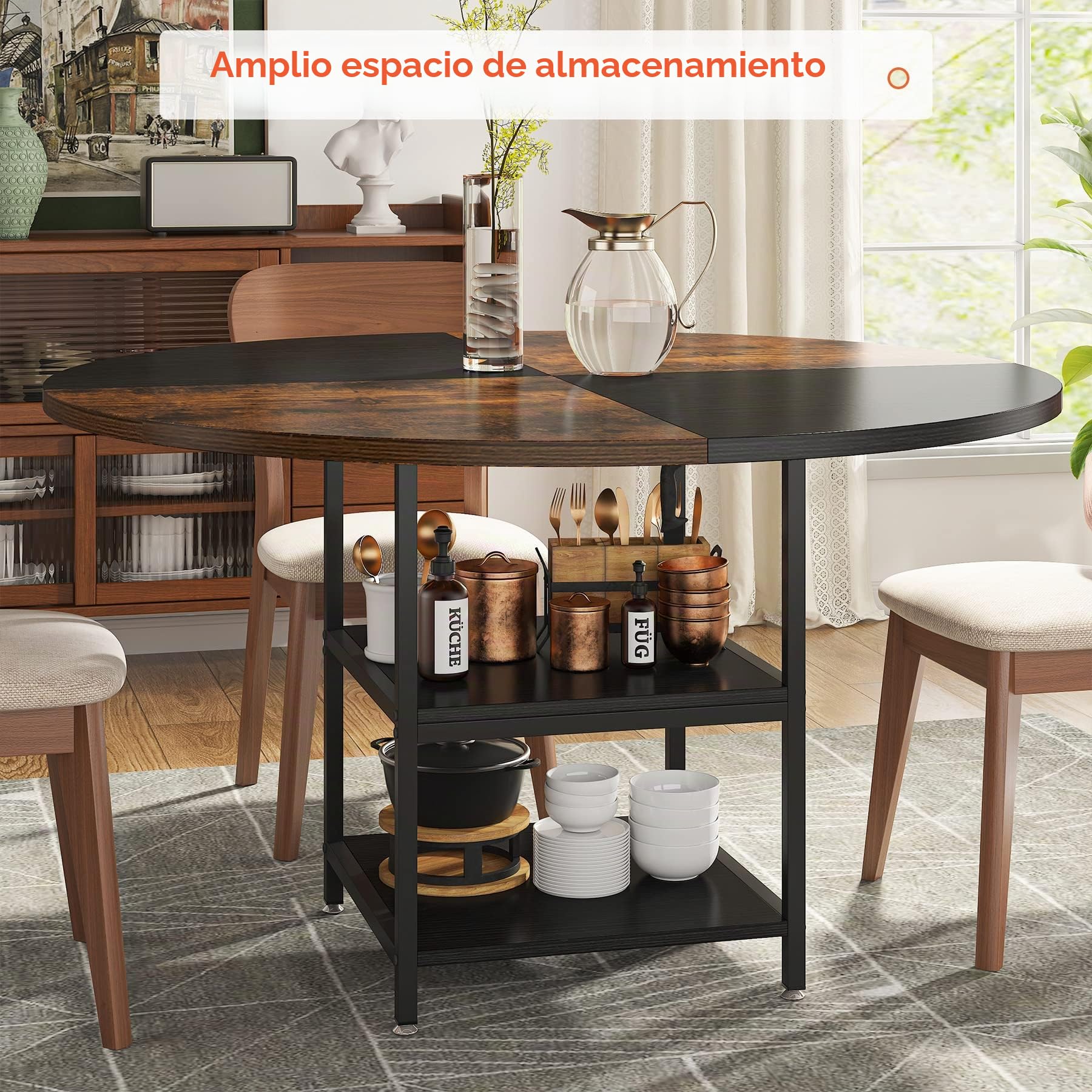 Tribesigns Mesa de Comedor Redonda para 4 Personas, 120 x 75 cm (Diámetro x Alto), Industrial, Mesa de Cocina de Madera, Mesa de Comedor Grande con Estante para el hogar, Comedor, Salón,Marrone/Nero