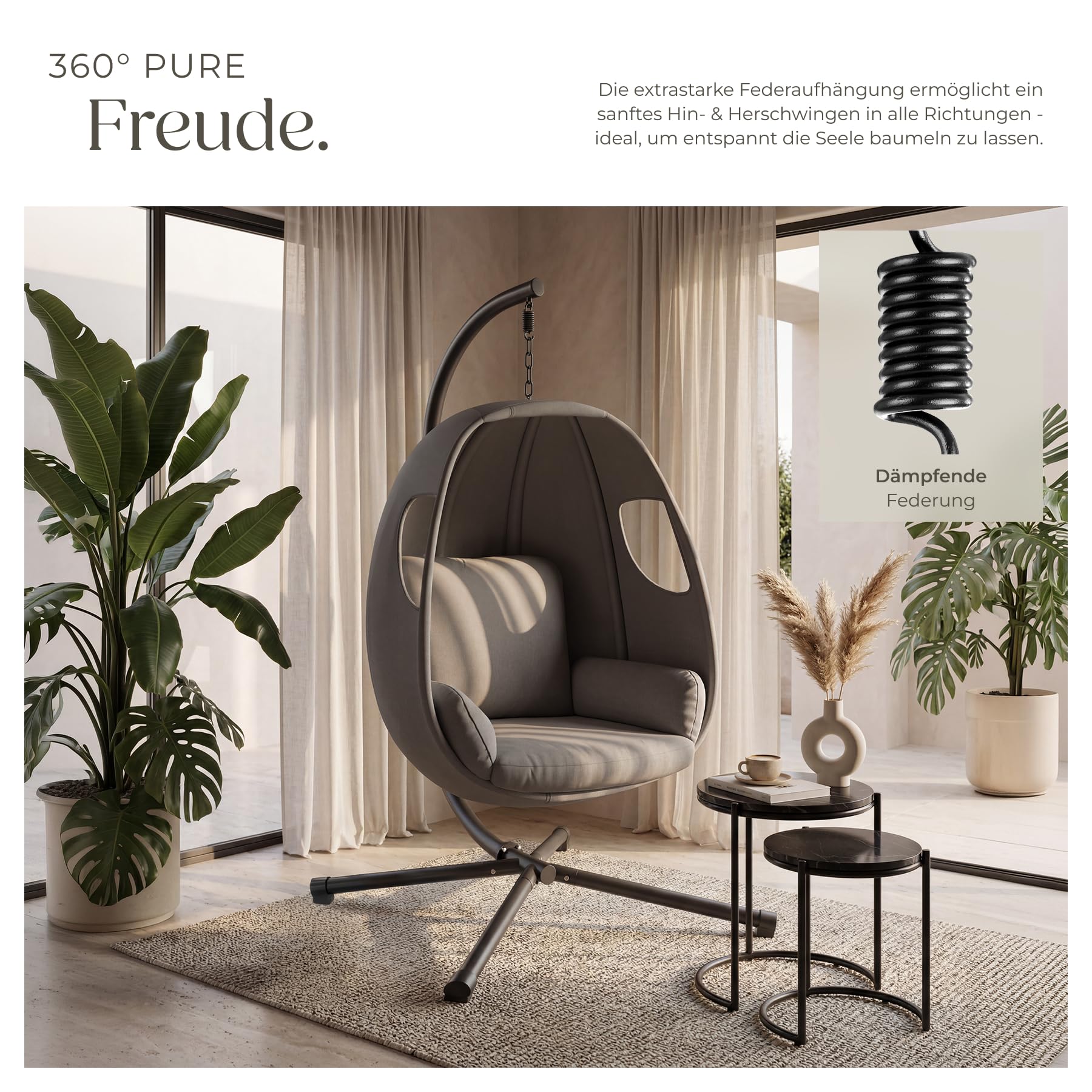 tectake® Hängesessel mit Gestell, Indoor oder Outdoor, Schaukel Sessel mit Kissen + Rückenkissen, Schaukelstuhl, Hängestuhl. Möbel für Wohnzimmer, Schlafzimmer, Balkonmöbel, bis 160kg (anthrazit)