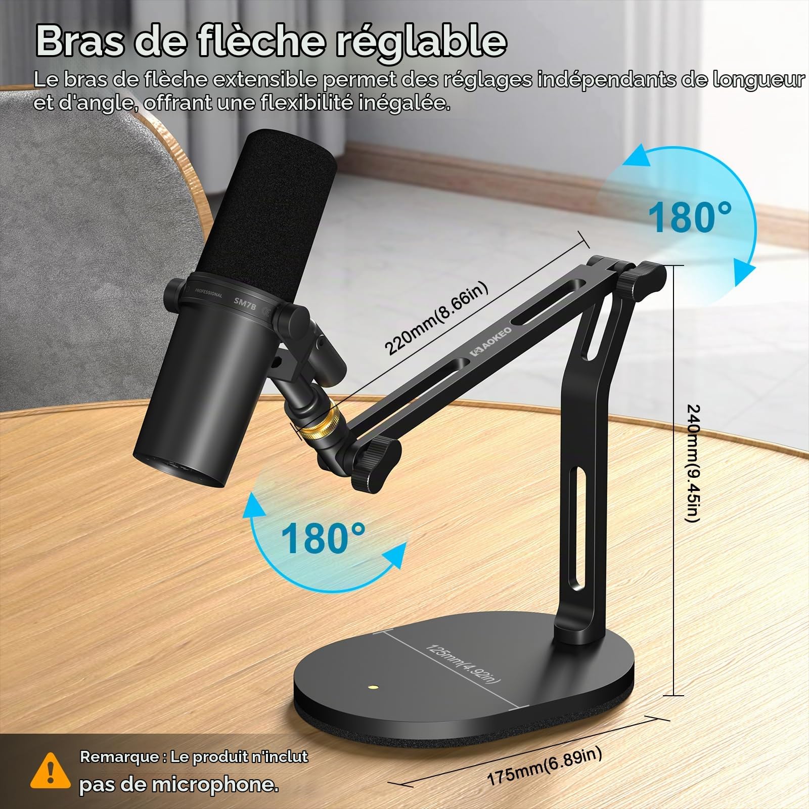Aokeo support de Micro pour bureau, bras micro avec adaptateur 3/8" vers 5/8", compatible avec Blue Yeti, HyperX QuadCast, SoloCast, Shure SM7B, MV7X