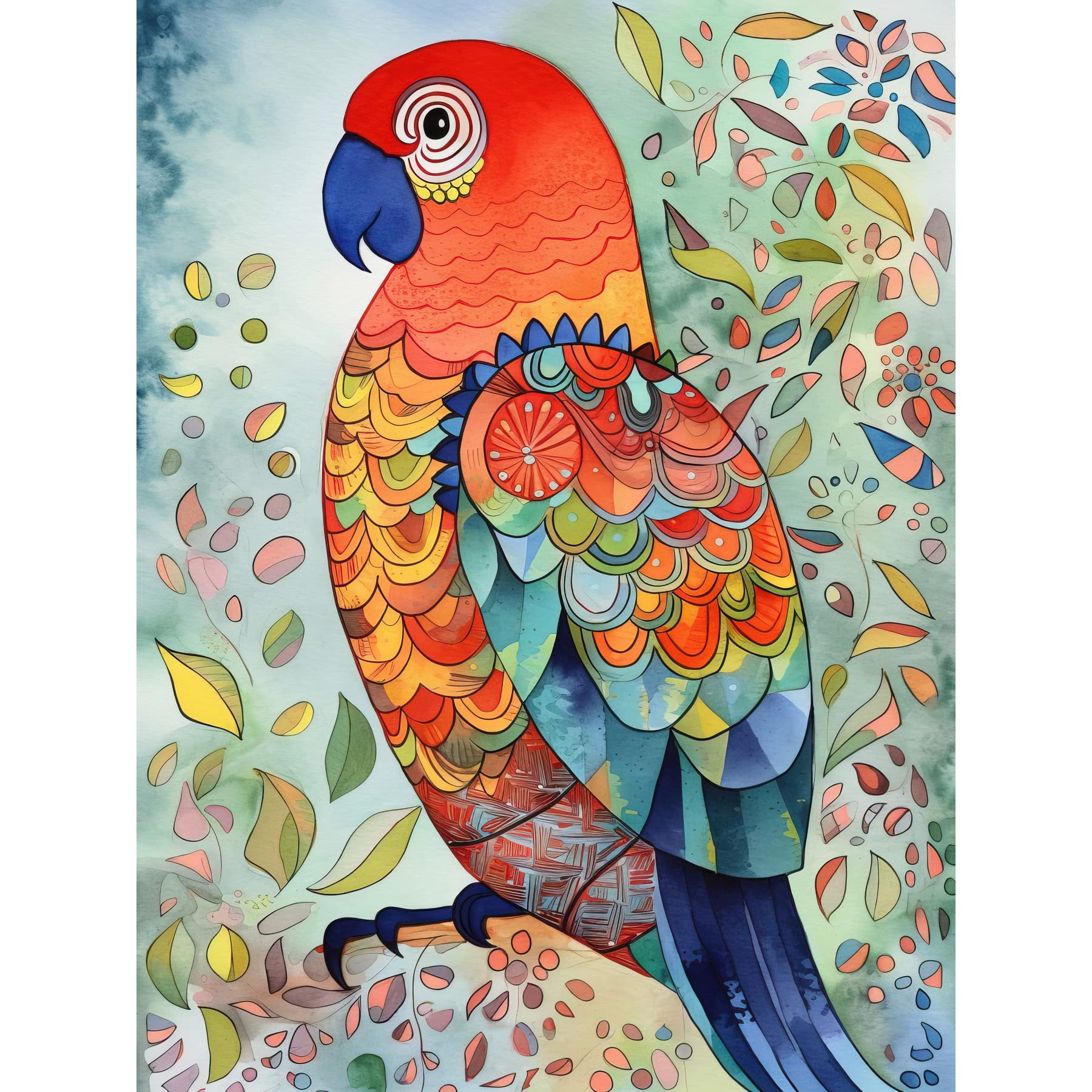 Artery8 Parrot Bird Portrait Folk Art Watercolour Painting Large Wall Art Poster Print Thick Paper 18X24 Inch