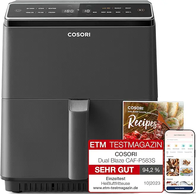 COSORI Heißluftfritteuse XXL, Dual Blaze, 6,4 L(1.8kg) Wifi verbunden, Airfryer mit 12 Multifunktionen, 90+ Online Rezept & Rezeptbuch, Full Touch Screen, 1700W, Dunkelgrau