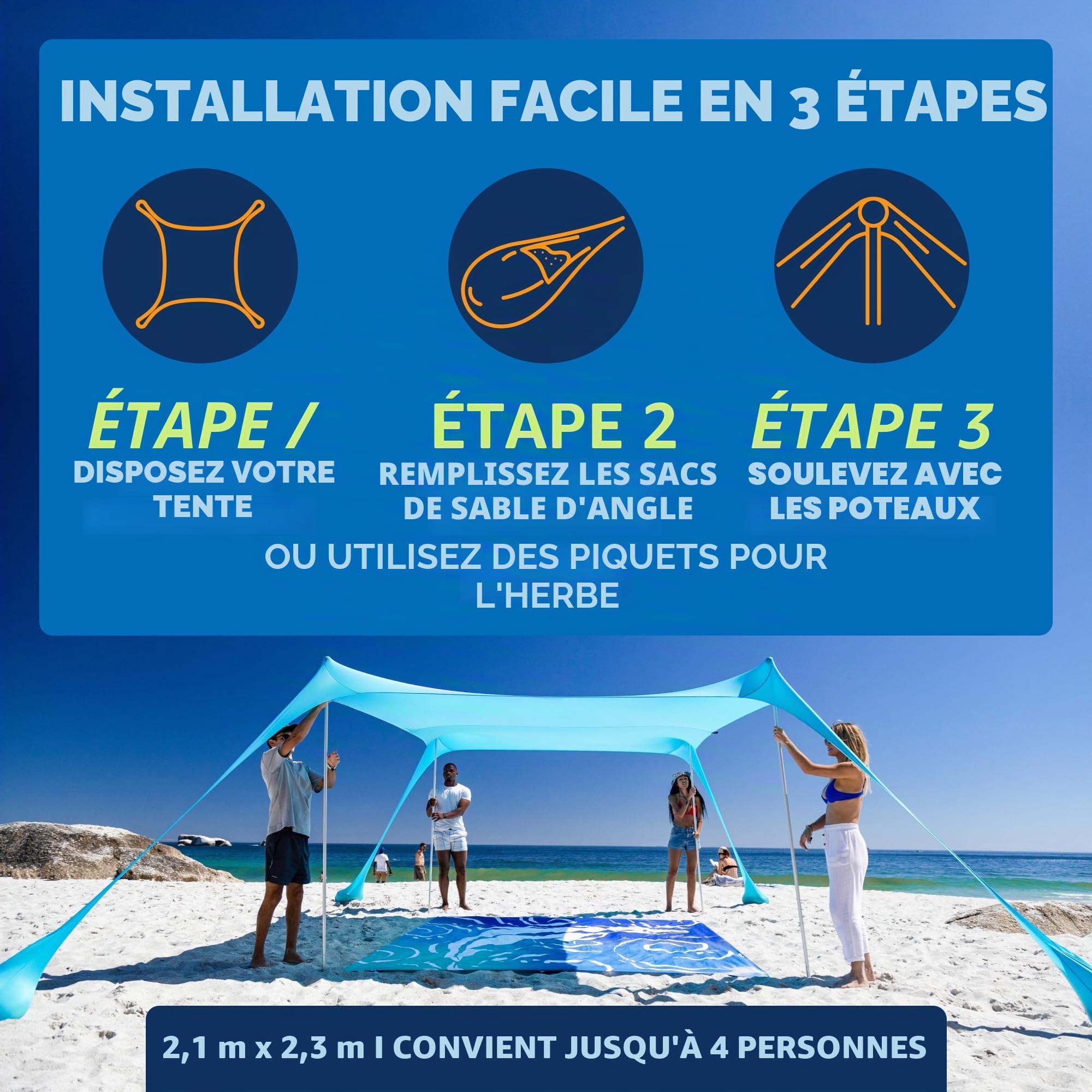 SUN NINJA Tente Pop Up de Plage - Tente de Plage Anti UV pour Bebe - Protection du Soleil pour Bébé Enfant Adulte - Plage Camping Pêche ou Randonnée - 215 x 230 cm - Marine