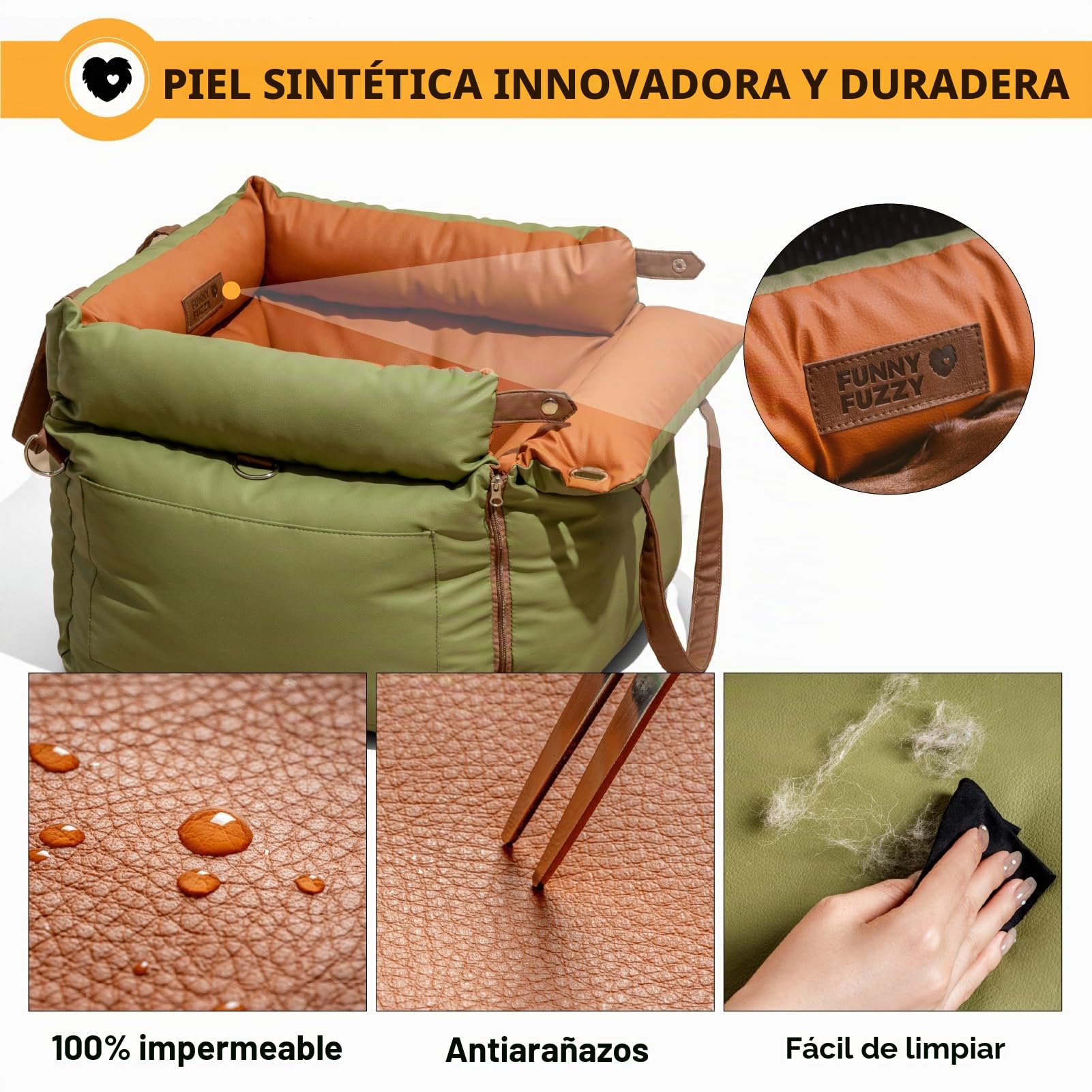 FUNNYFUZZY - Asiento de Coche para Perros de tamaño Mediano, Impermeable, 3 en 1, Cama de Cuero Suave para Viajes y hogar, portátil y Seguro, se Adapta a Mascotas de hasta 35 Libras (Verde)