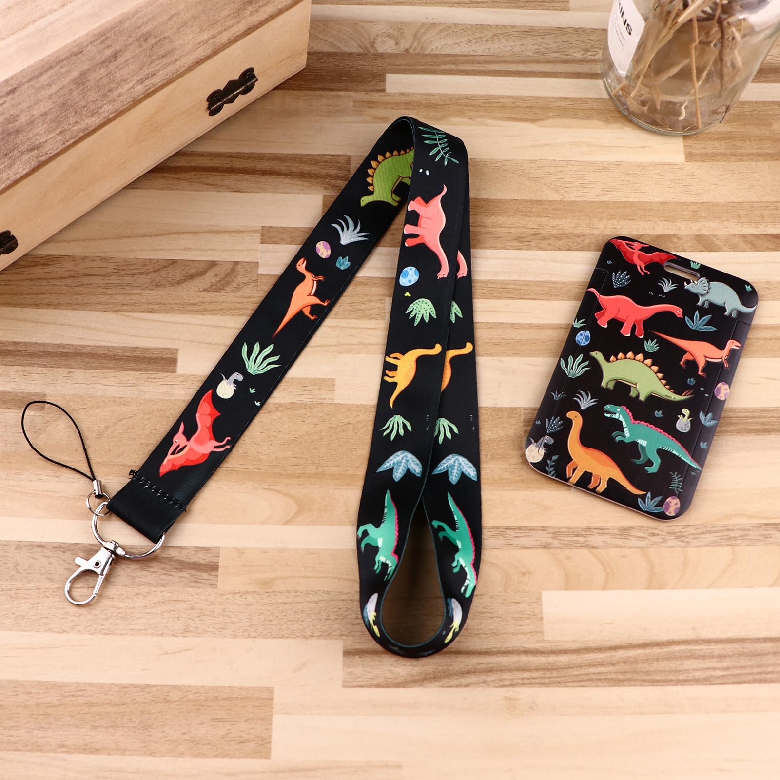 Juanooo Cool Black Dinosaur Lanyard with Card Holder Cute Neck Key Lanyard Strap for Keys ID Badge for Women Men Teens Kids Teachers Work School ID Card Holder - Image 4