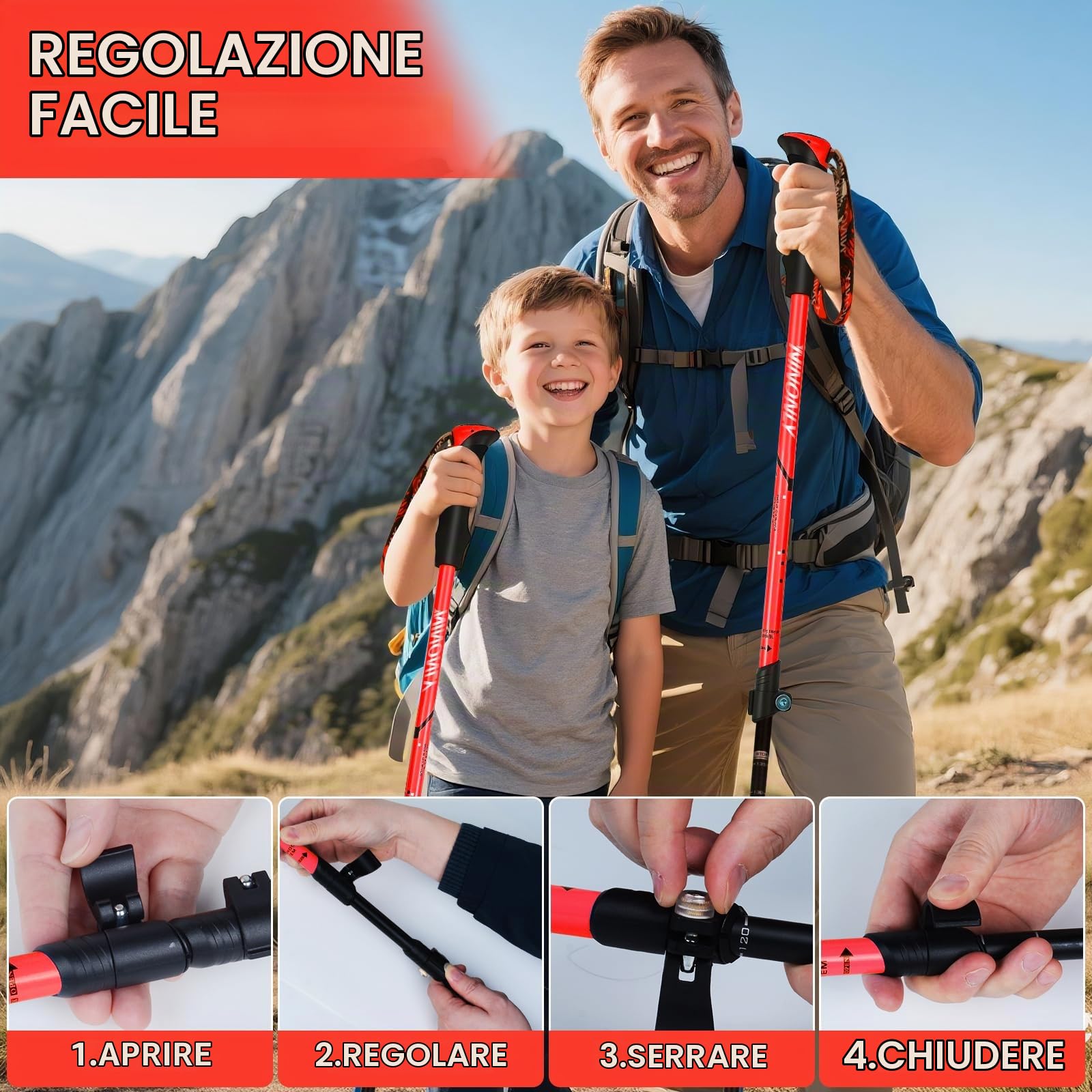 Ninonly Bastoncini Trekking Telescopico in Carbonio, Bastoni da Passeggio Nordic Walking per Uomini e Donne, Racchette Trekking Leggeri con 3 Punte, Portata 150kg per Escursionismo e Alpinismo
