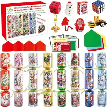 ceiba tree Christmas Crackers Poppers Party Table Favors No-Snap No Popping 8 Pack Prefilled with Prizes Gifts Toys & Hats & Joke Dinner Games Activities for Kids Adults Family Holiday Traditions