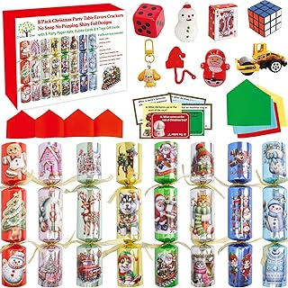 ceiba tree Christmas Crackers Poppers Party Table Favors No-Snap No Popping 8 Pack Prefilled with Prizes Gifts Toys & Hats & Joke Dinner Games Activities for Kids Adults Family Holiday Traditions