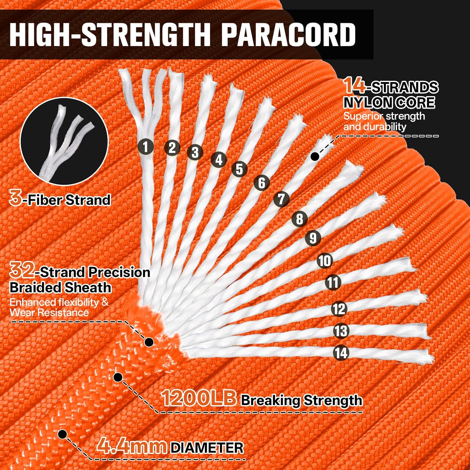 1200 Paracord Rope - 4.4mm 14 Strand Nylon Parachute Spool para Cord Lanyard for Outdoor Camping Survival Utility Tent Crafting DIY Projects Fishing Clothsline Bracelet - Orange 500FT