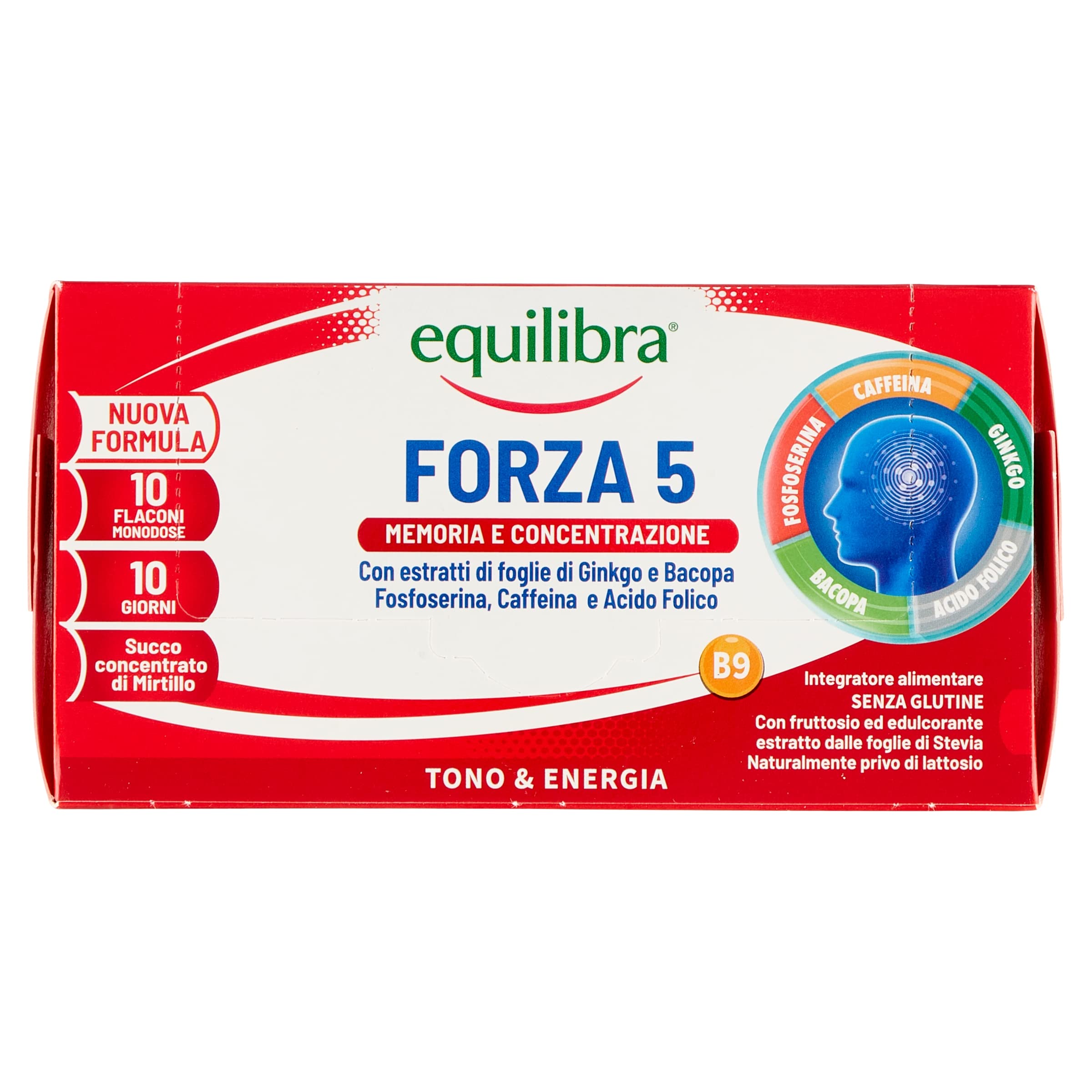 Equilibra Integratori Alimentari, Forza 5, Integratore con Estratti di Foglie Ginkgo e Bacopa, Fosfoserina, Caffeina e Acido Folico, Gusto Cola, con Succo Concentrato di Mirtillo, 10 Flaconcini
