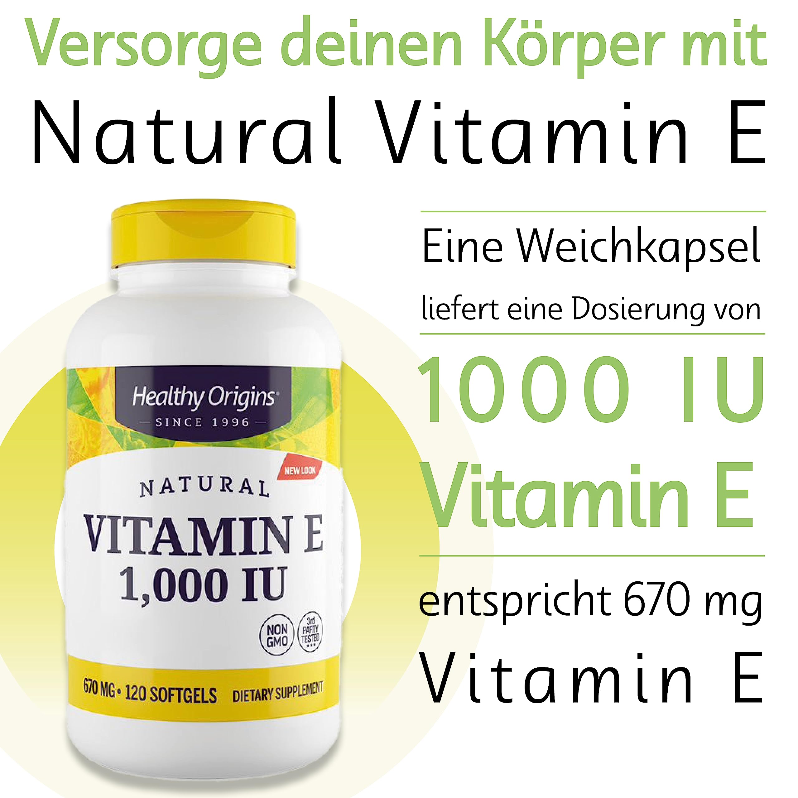 Healthy Origins, Natürliches Vitamin E, 120 Softgels, 1.000IU Vitamin E je Dosis, Glutenfrei, GMO frei, Geschmacksneutral