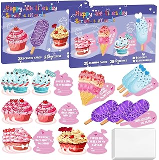 28Pk Strawberry Cherry Scented Valentines Day Cards for Girls, Valentine's Day Greeting Cards with Envelopes, Cupcake Cards for Kids, Classroom Exchange, School and Valentine's Day Party Favor Gift
