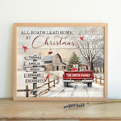Miniatura 3 de CENOVACY Arte de pared personalizado en lienzo de Navidad familiar, arte de pared de Navidad con nombres de familia en Navidad All Roads con letrero