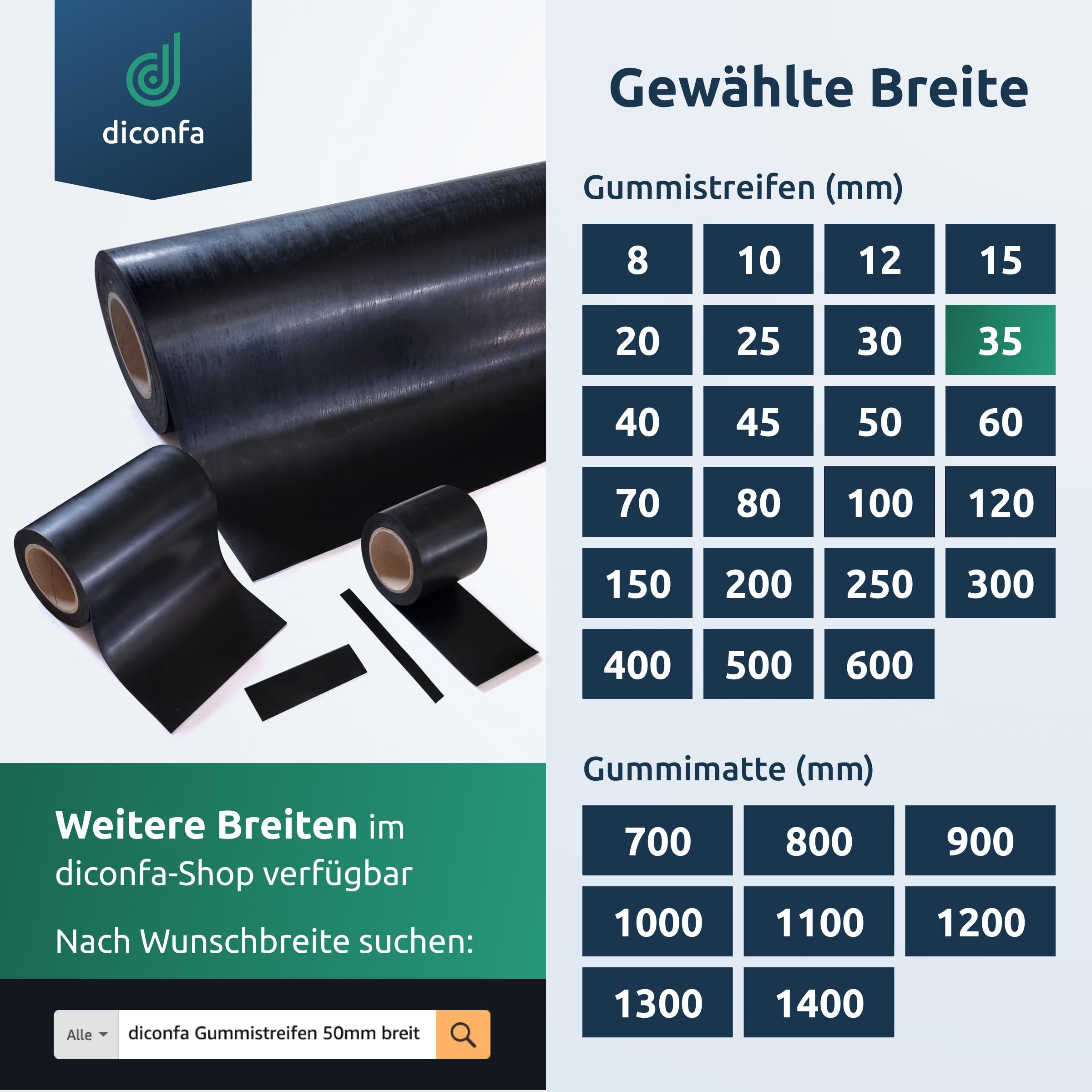 diconfa Gummistreifen BREITE 35mm 3,5cm - Bitte WÄHLEN - Dicke: 1 bis 10mm - LÄNGE: 0,05m bis 10m - Auswahl: 10000mm 1000cm lang, 3mm stark - Gummimatte Meterware schmal Gummiunterlage Gummiplatte