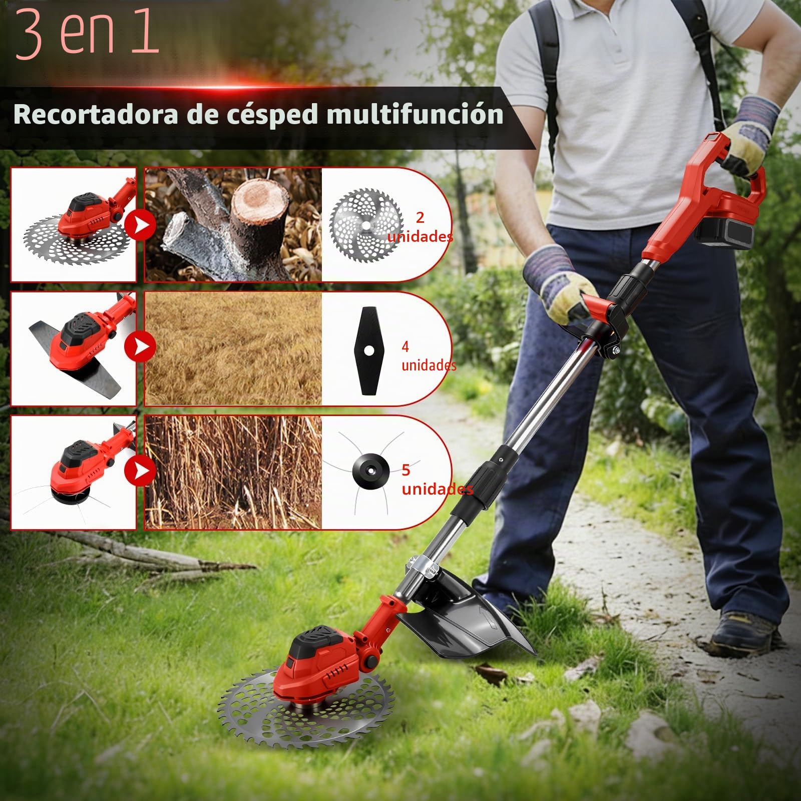 Desbrozadora a Batería para Makita 18V, Cortabordes Eléctrico | cepillo de malas hierbas, mango telescópico 100 – 140 cm, ancho de corte de 24 cm) para podar césped de jardín (sin batería)