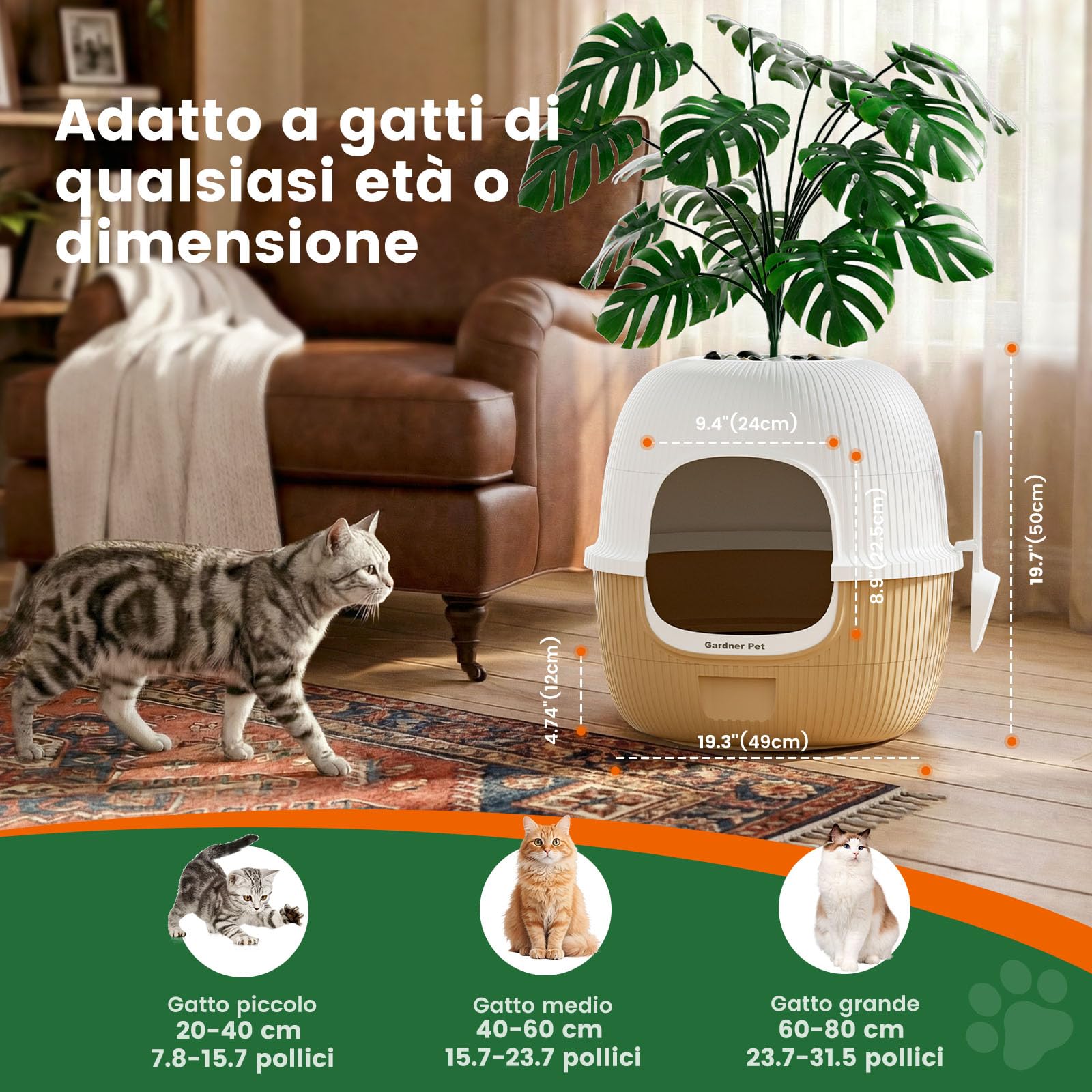 Gardner Pet Lettiera per Gatti Nascosta, Marrone Chiaro, 49X49X50Cm | Con Pianta Artificiale, Ciottoli e Pala Inclusi, Stile Vaso con Cassetto, Filtro a Carbone, Design Impermeabile
